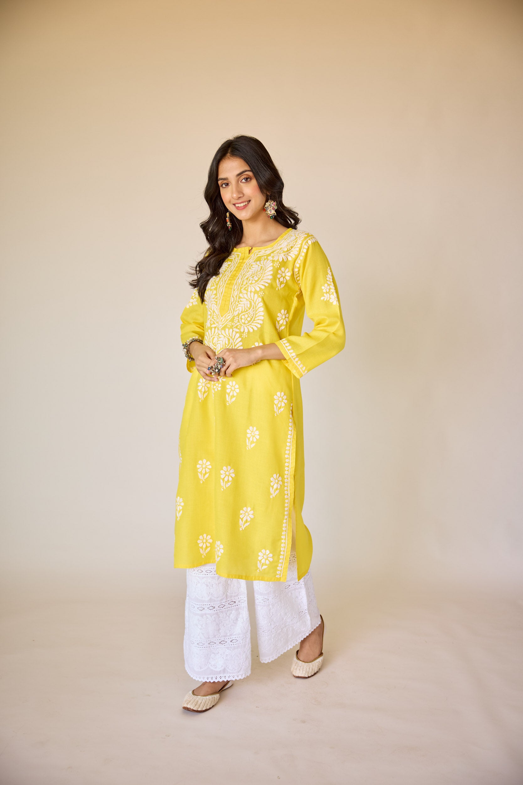 Ifrah Yellow Hand Embroidered Chikankari Kurta