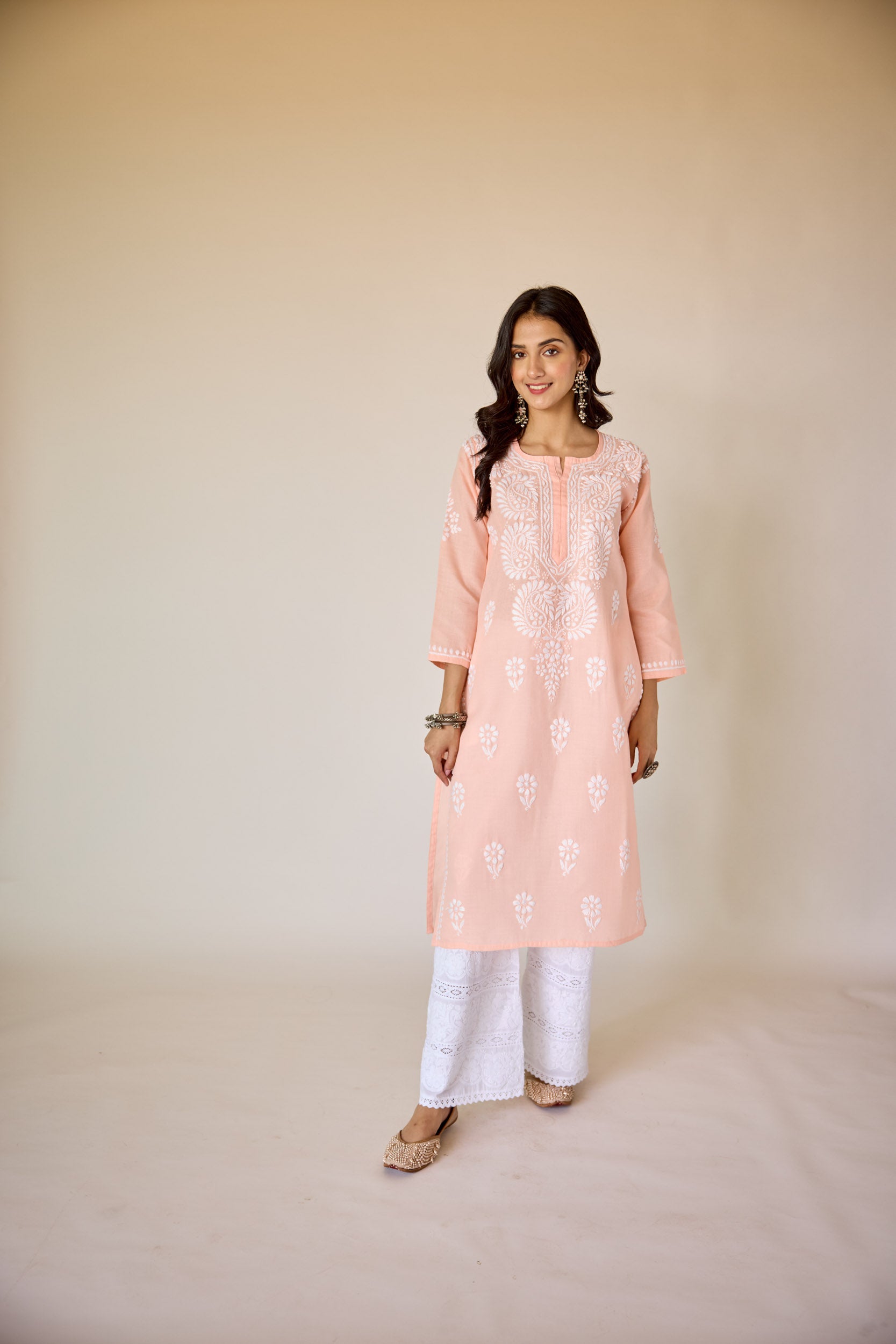 Haifa Peach Hand Embroidered Chikankari Kurta