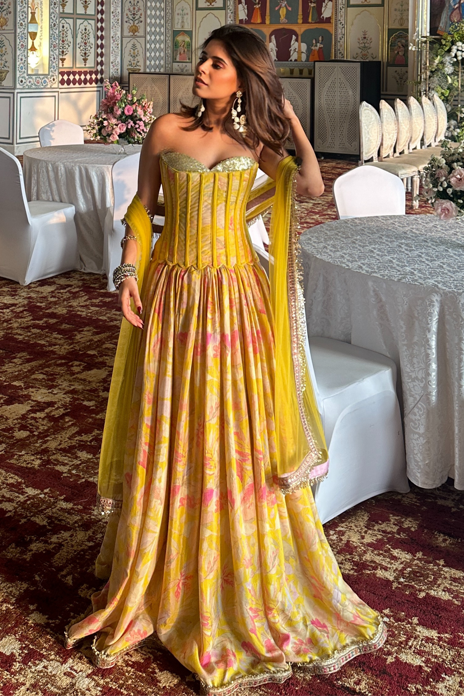 Anaya Yellow Sequinned Corset Muslin Lehenga Set