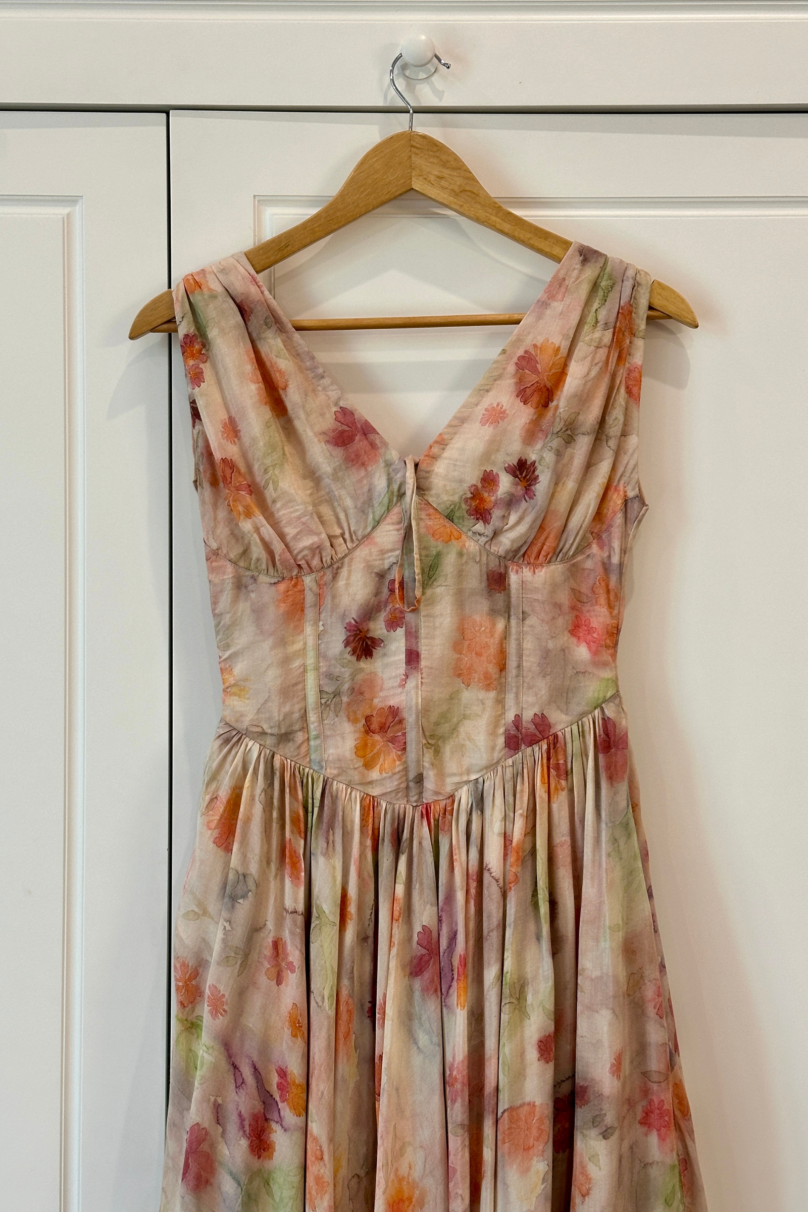 Alba Beige Muslin Floral Corset Midi Dress