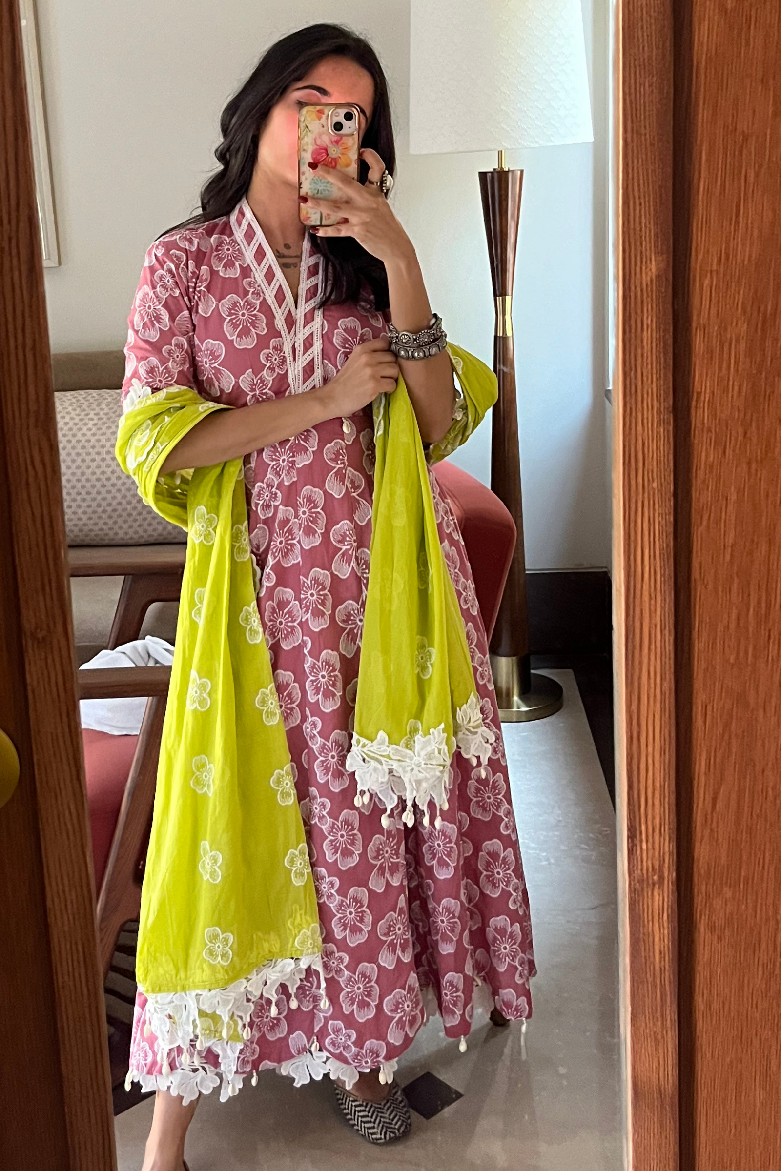 Meher Pink & Green Embroidered Cotton Anarkali Set of 2