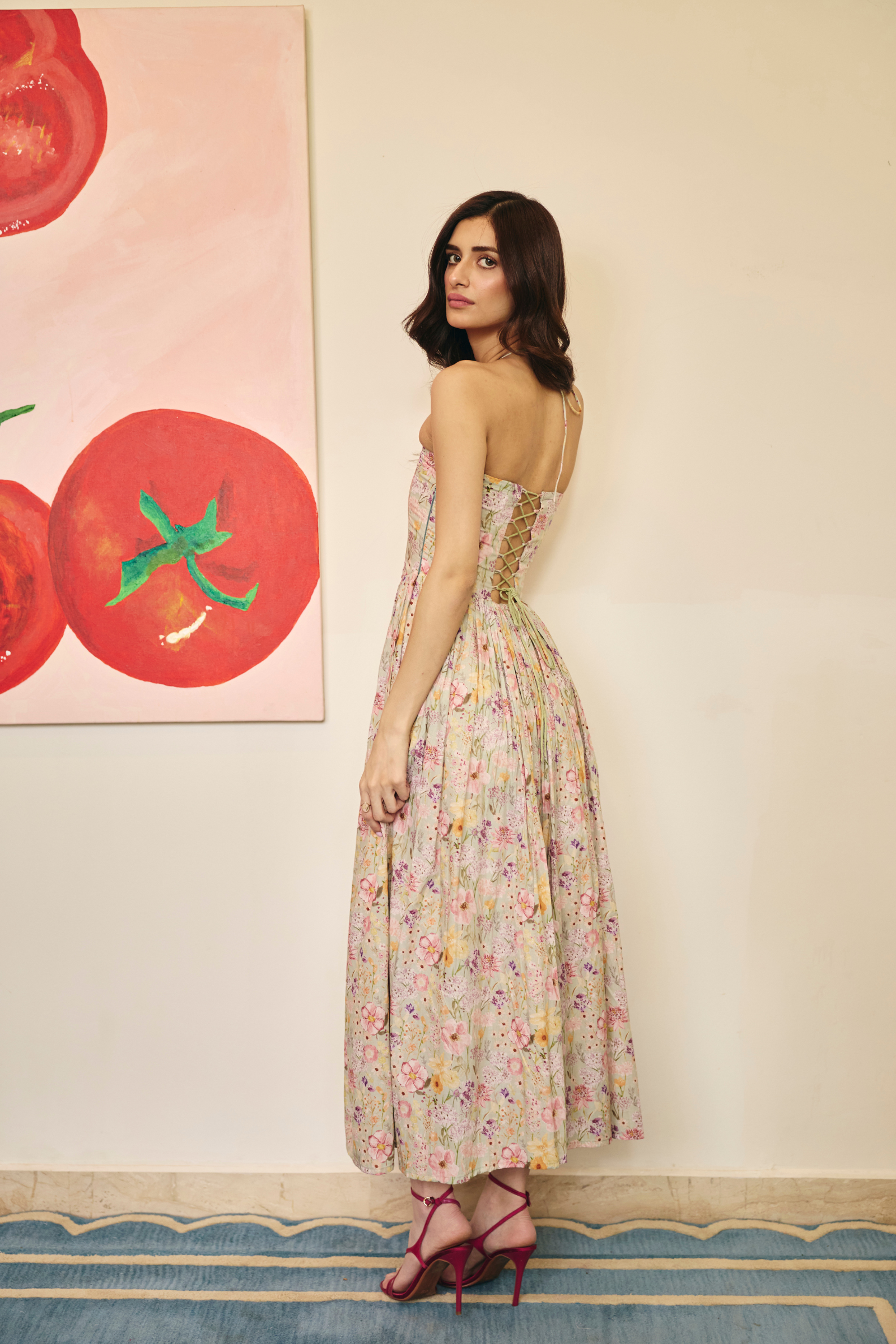 Nice sage green corset floral midi dress