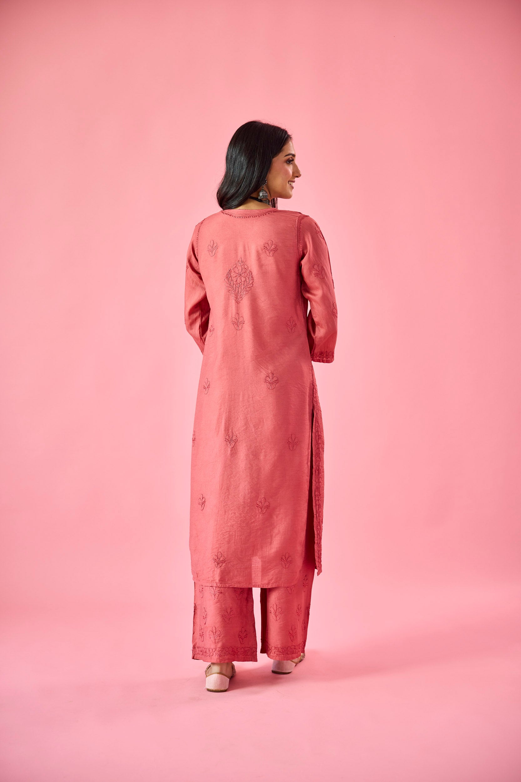 Macaba Rust Chanderi Hand Embroidered Chikankari Kurta & Pant Set