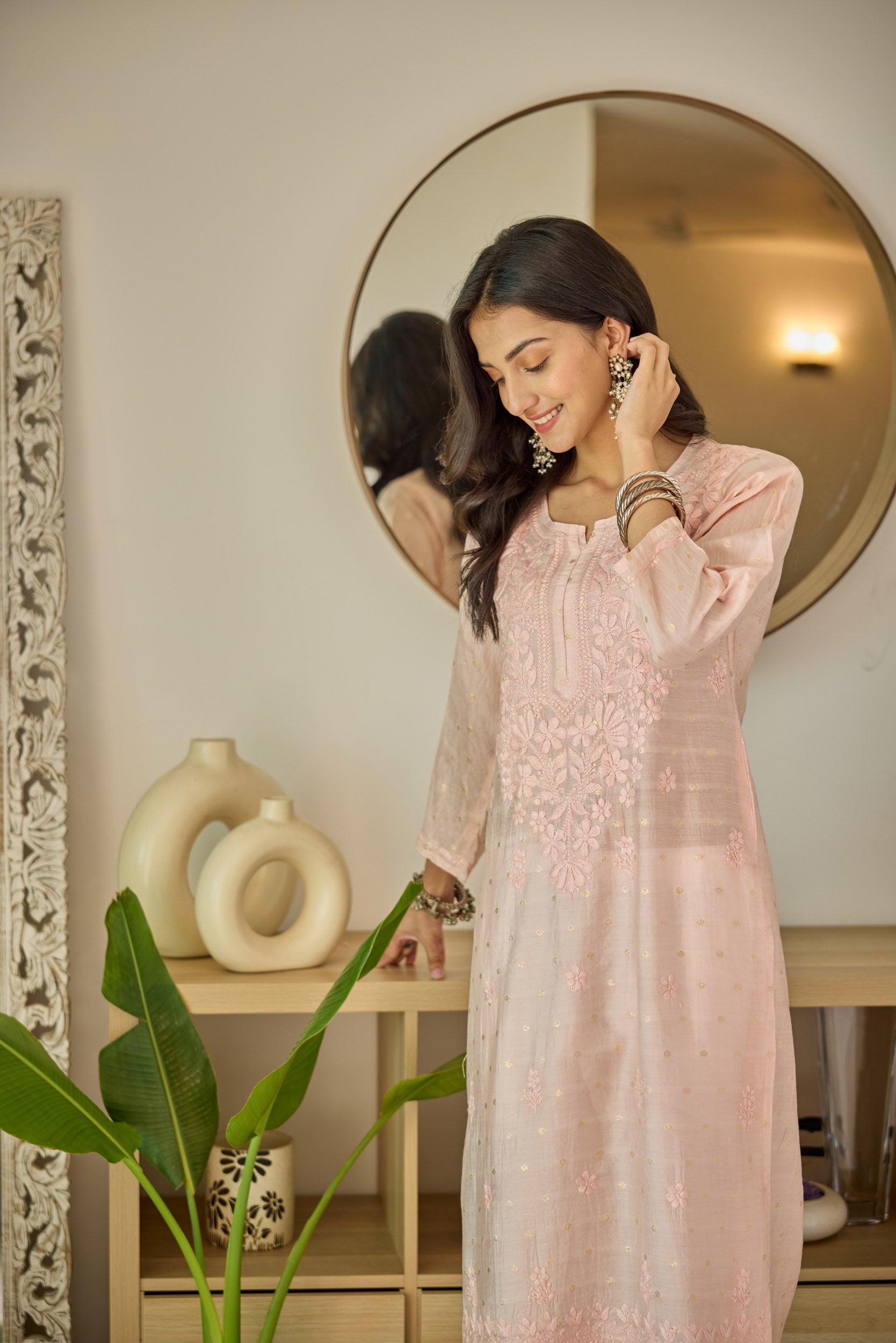 Zubaida Blush Pink Chanderi Hand Embroidered Chikankari Kurta