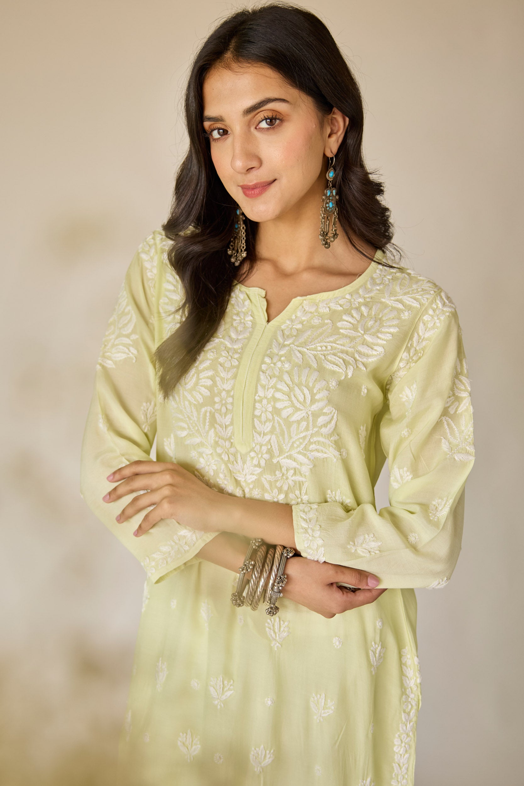 Raha Lime Green Muslin Hand Embroidered Chikankari Kurta
