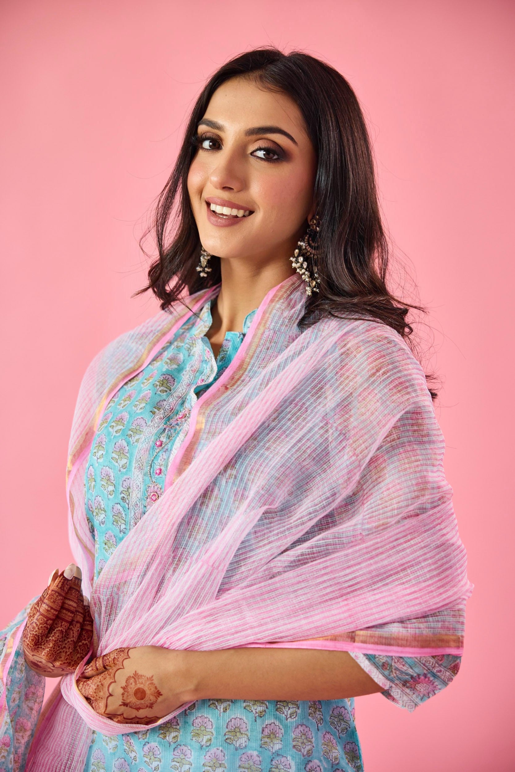 Qudsia Blue & Pink Kota Hand Embellished Kurta Set