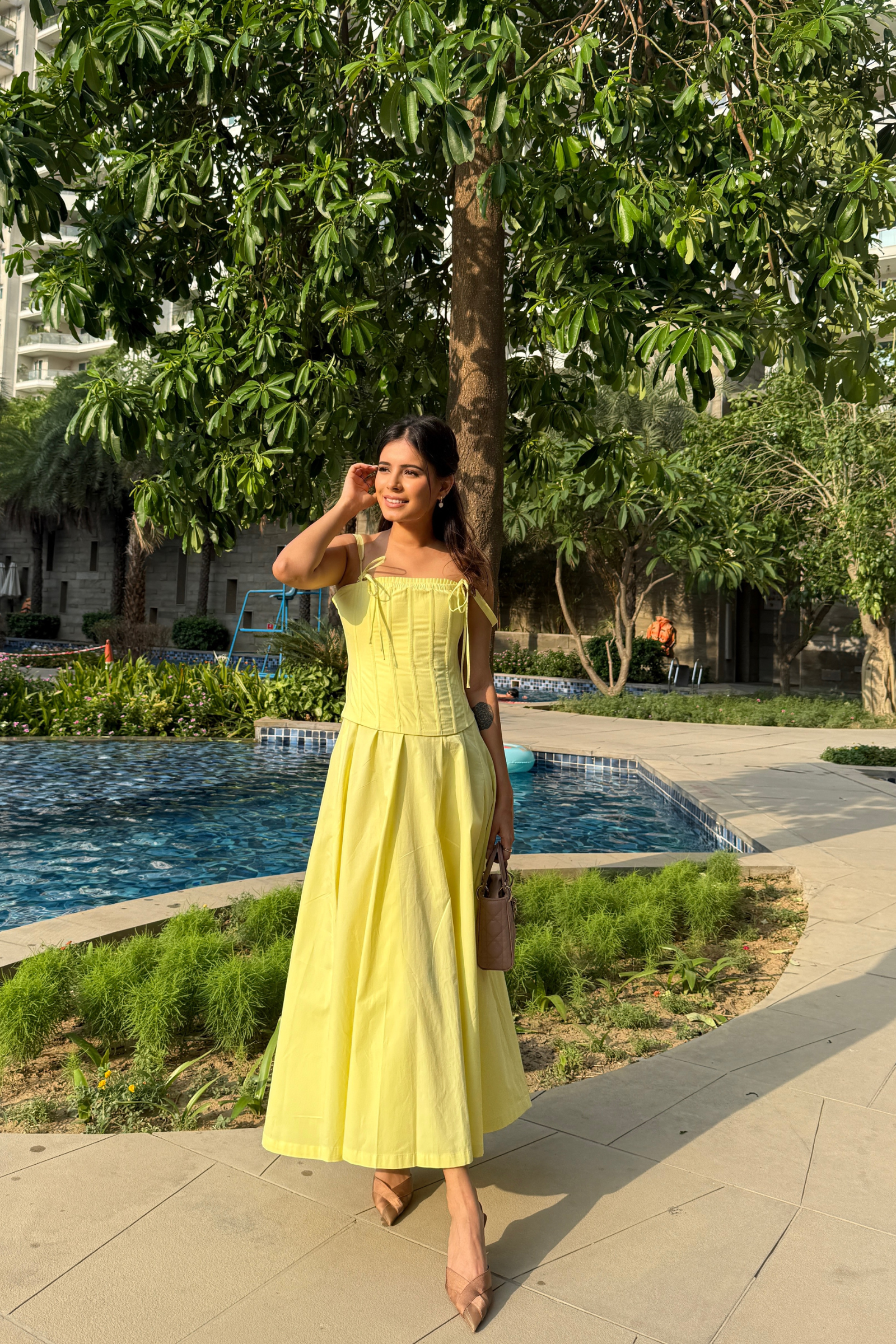 Positano Lemon Yellow Strapless Midi Dress with Corset Jacket