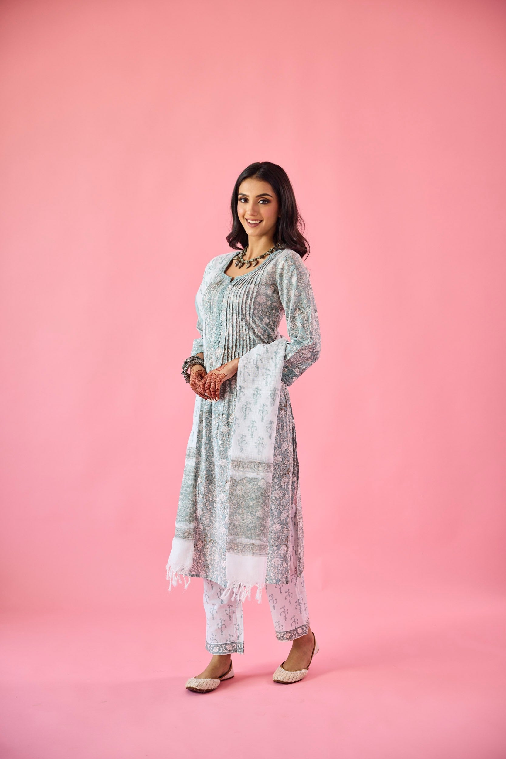 Nazneen Sea Green & White Cotton Kurta Set