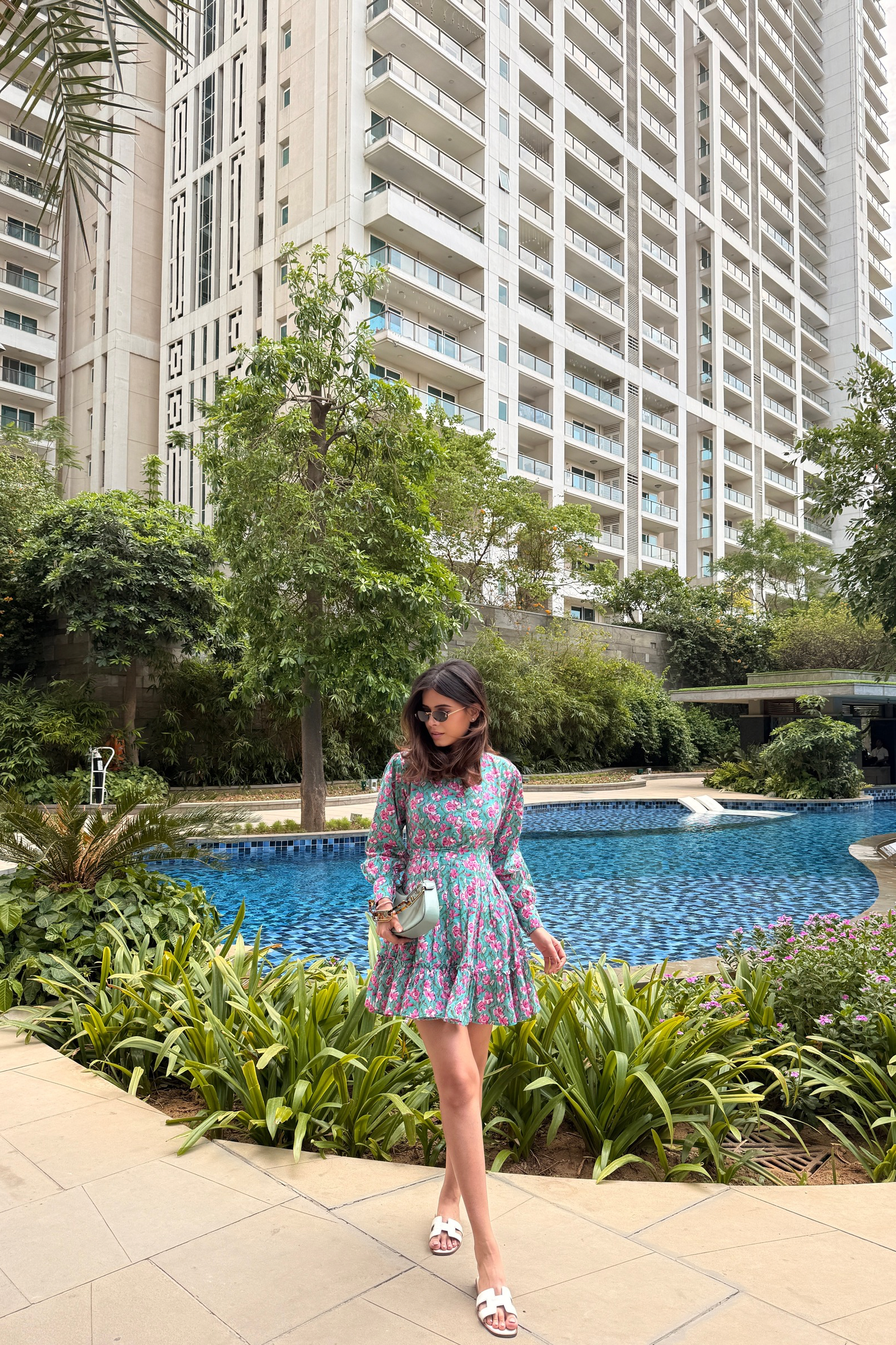 Ariel Green & Pink Printed Cotton Collared Dress