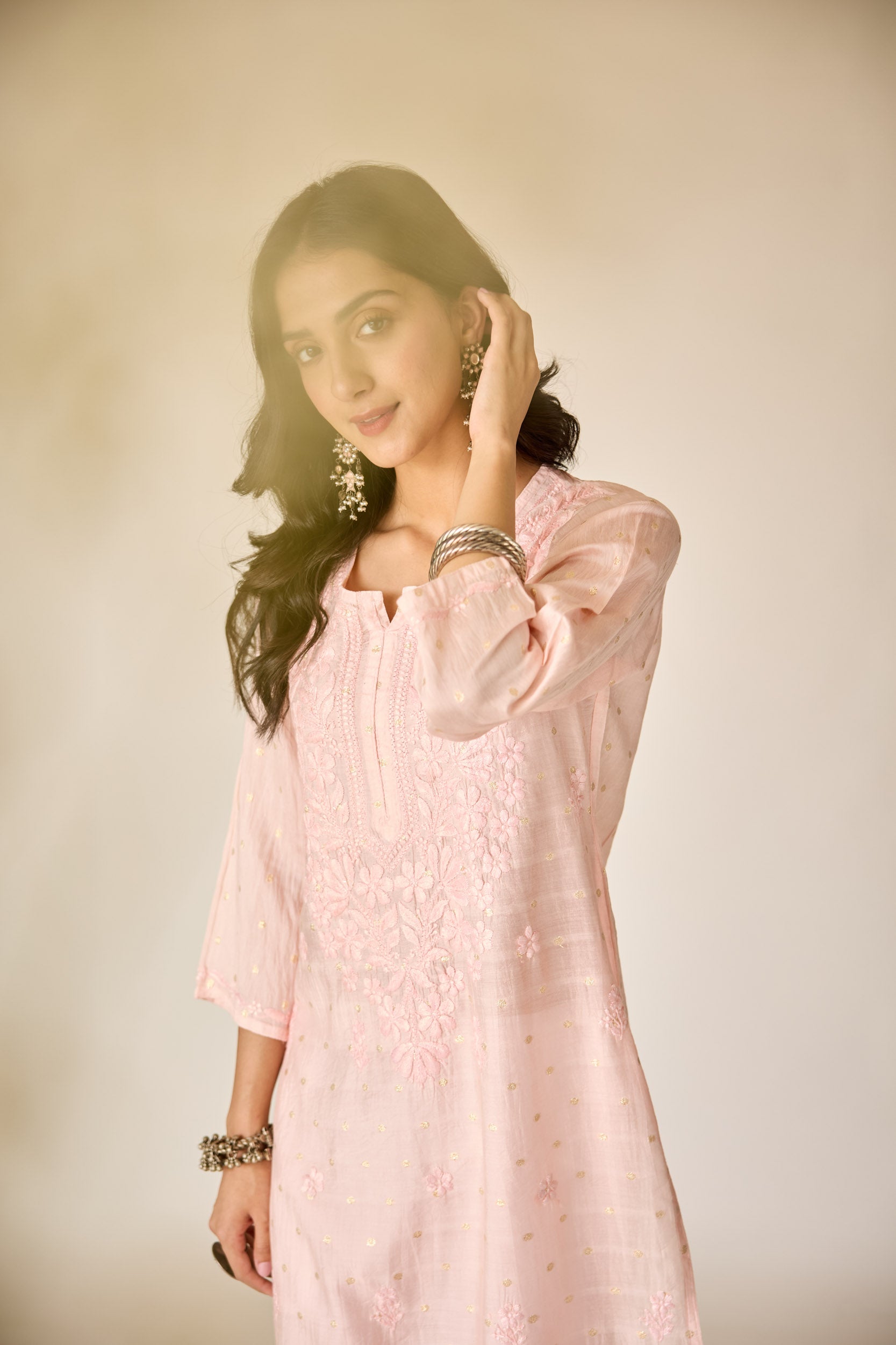 Zubaida Blush Pink Chanderi Hand Embroidered Chikankari Kurta