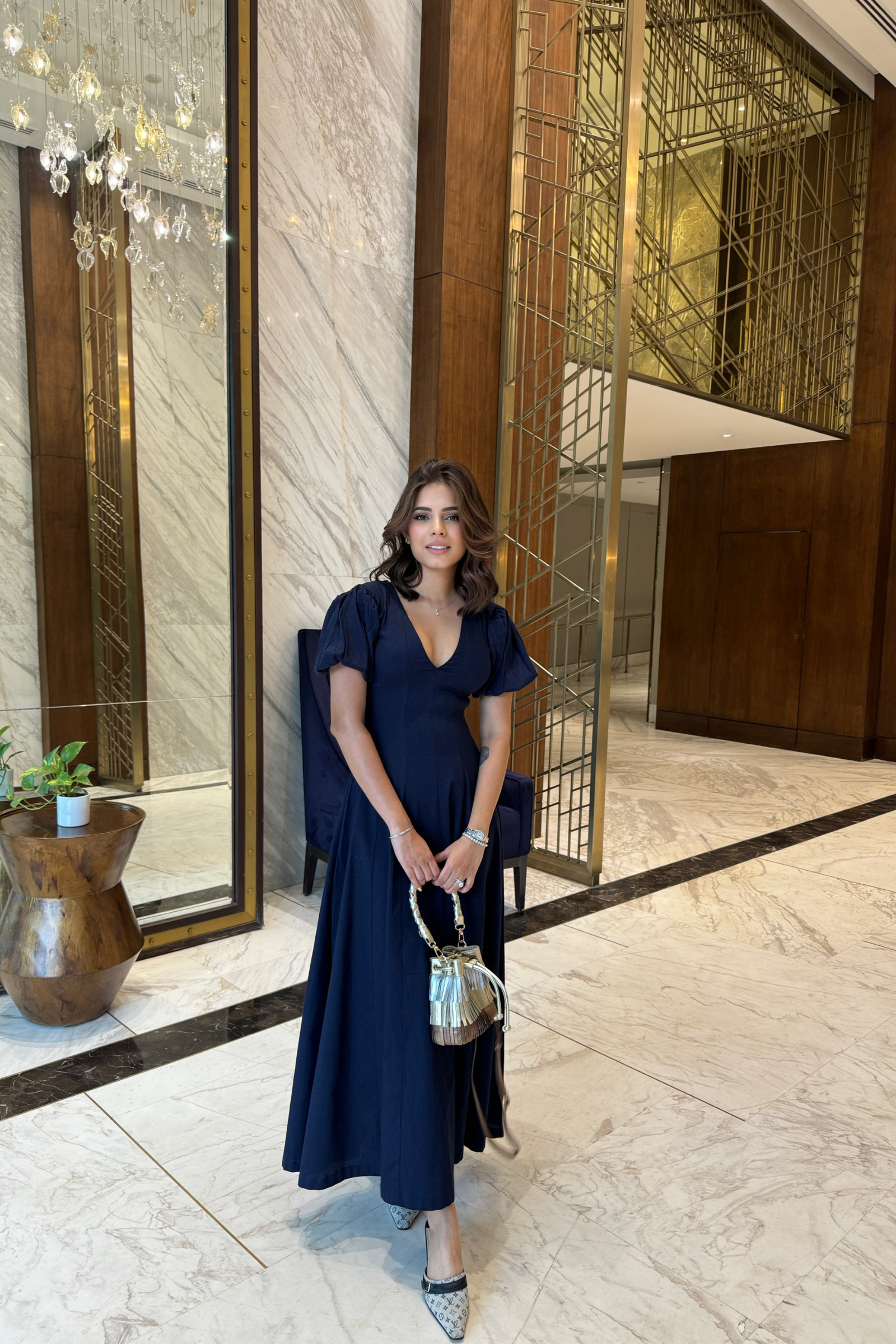 Brezza Navy Blue V-Neck Maxi Dress