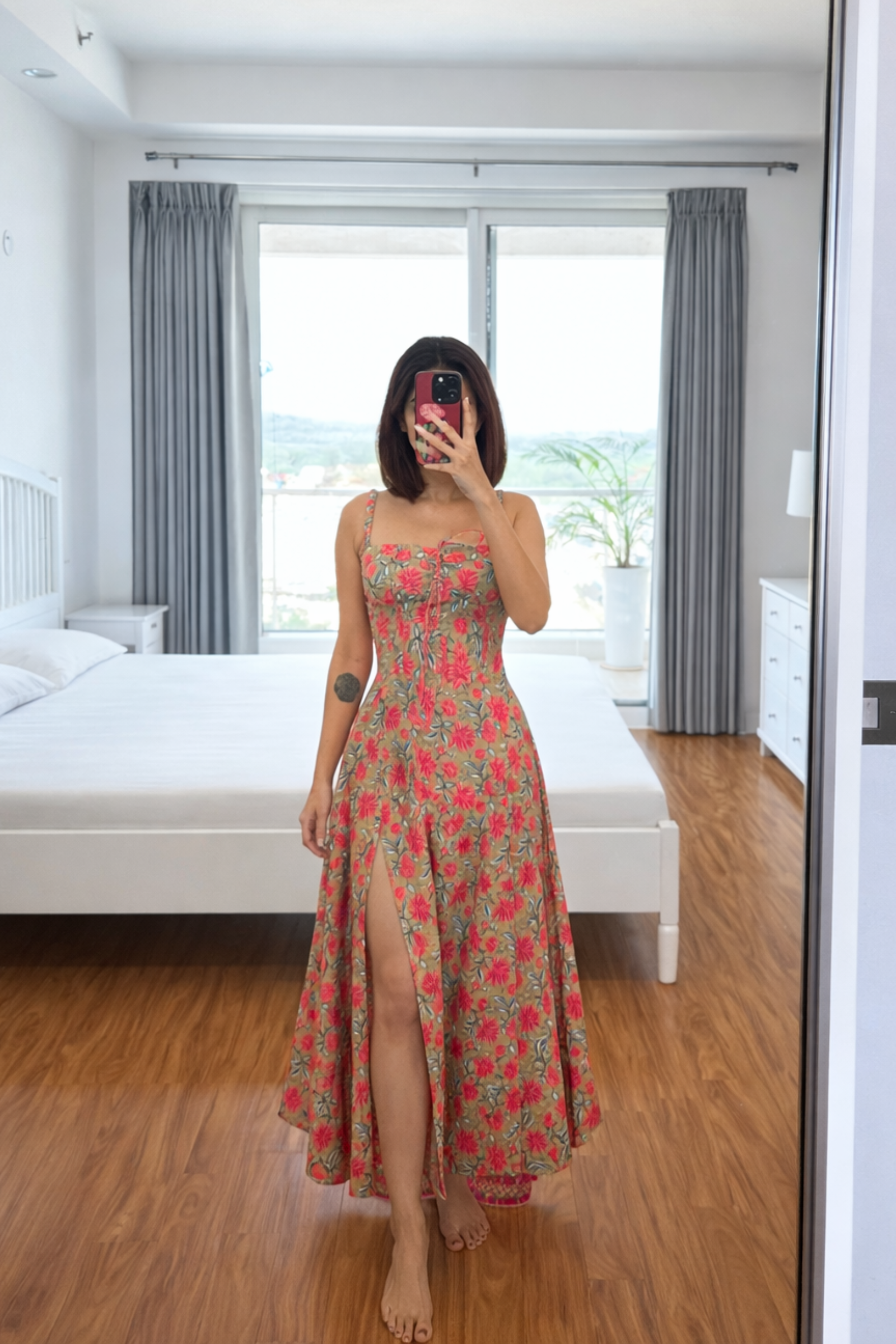 Kendall Floral Orange Corset Midi Slit Dress