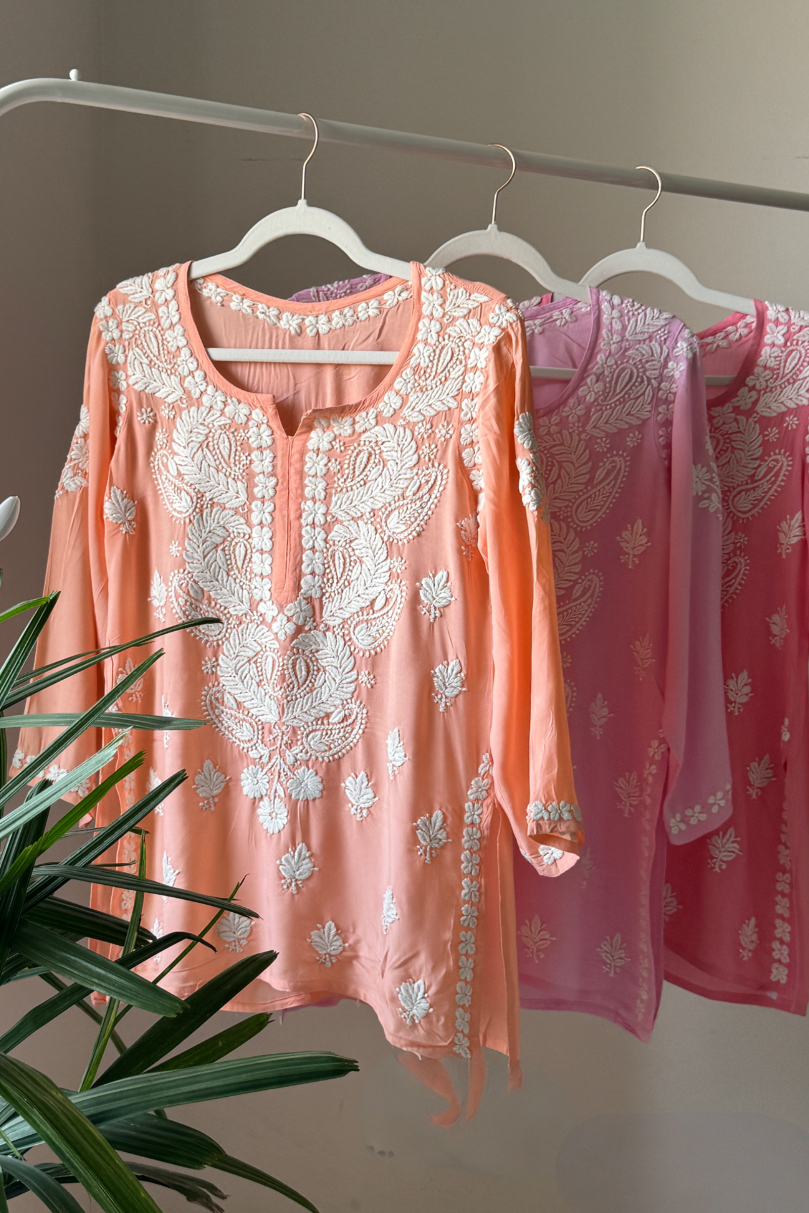 Fareedan Peach Modal Hand Embroidered Short Chikankari Kurti