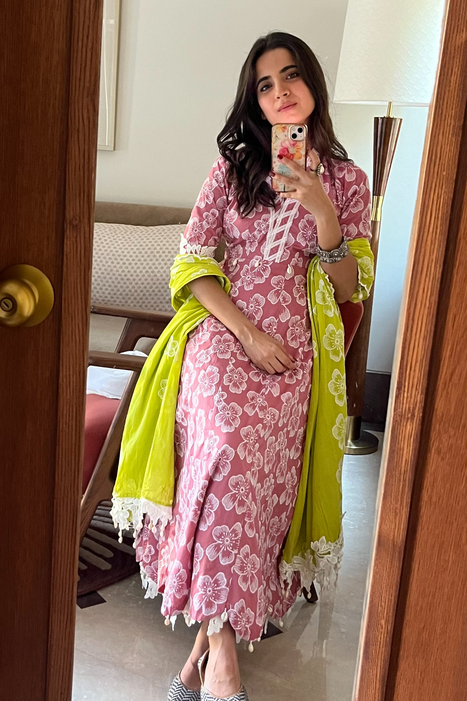 Meher Pink & Green Embroidered Cotton Anarkali Set of 2
