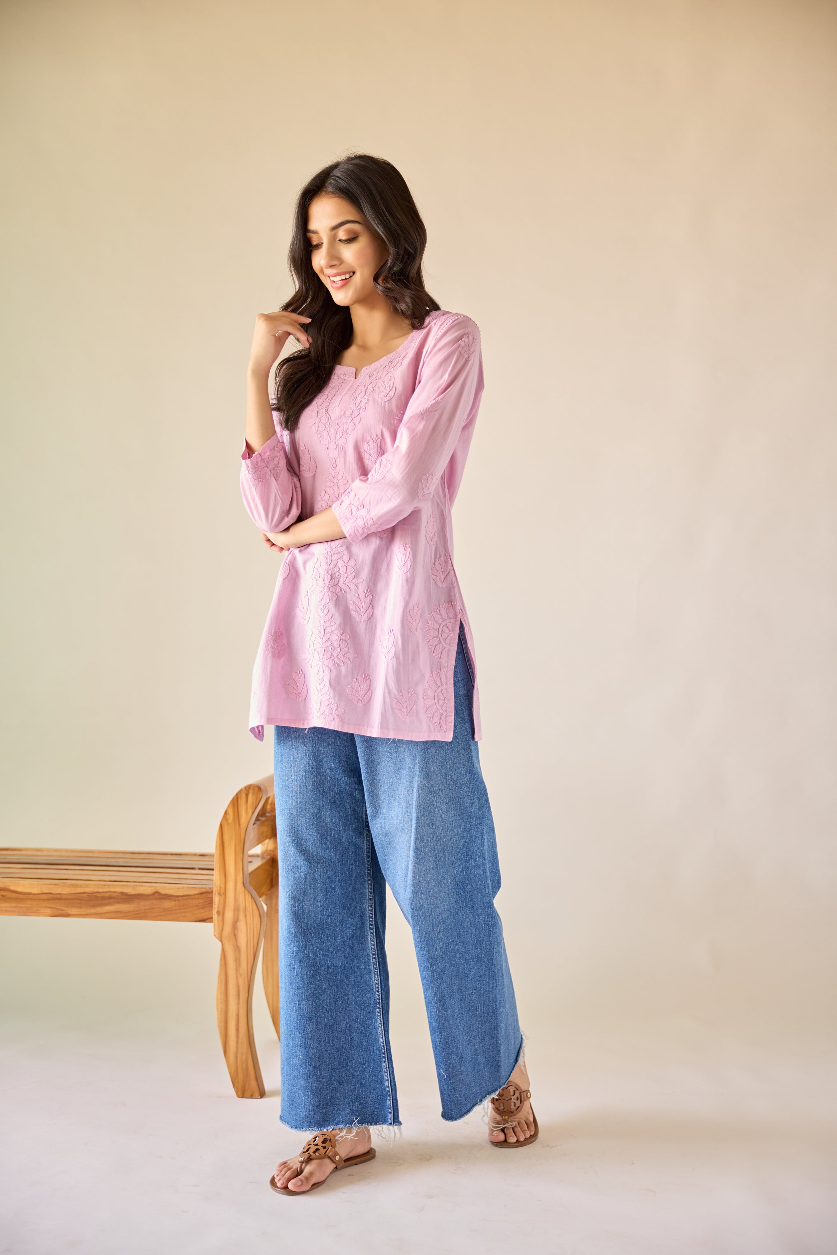 Sonam Lilac Cotton Hand Embroidered Short Chikankari Kurti