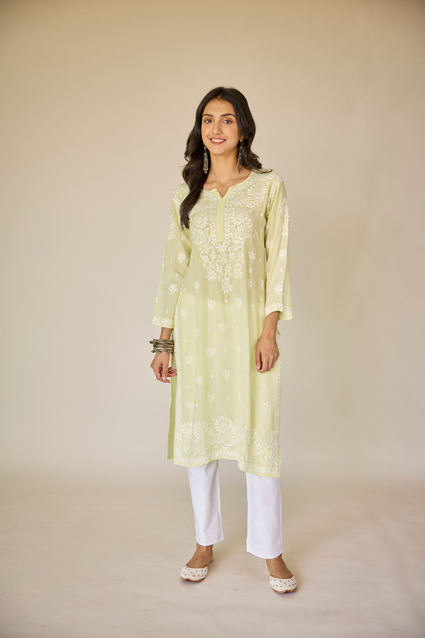 Raha Lime Green Muslin Hand Embroidered Chikankari Kurta