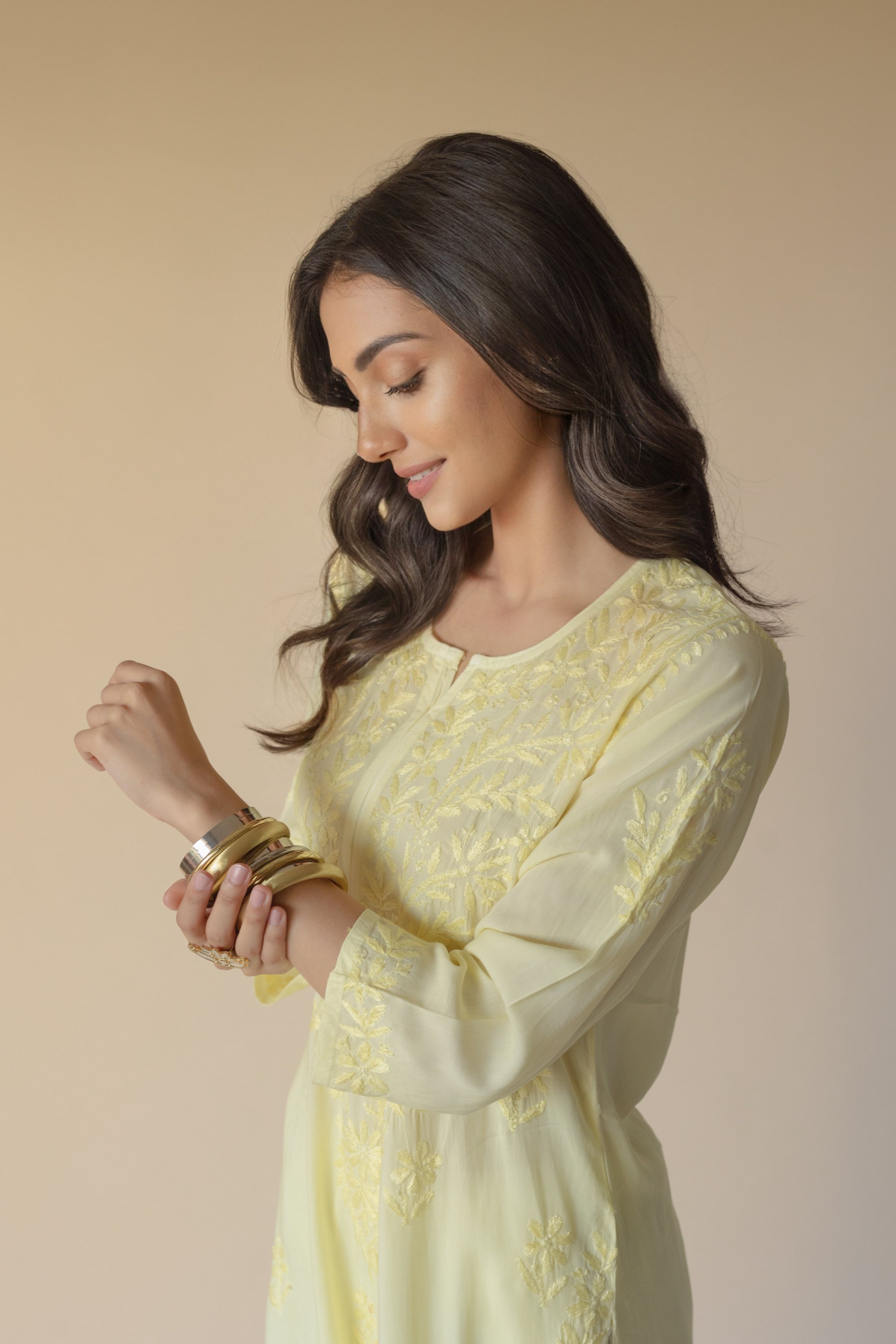 Samreen Yellow Modal Hand Embroidered Chikankari Kurta