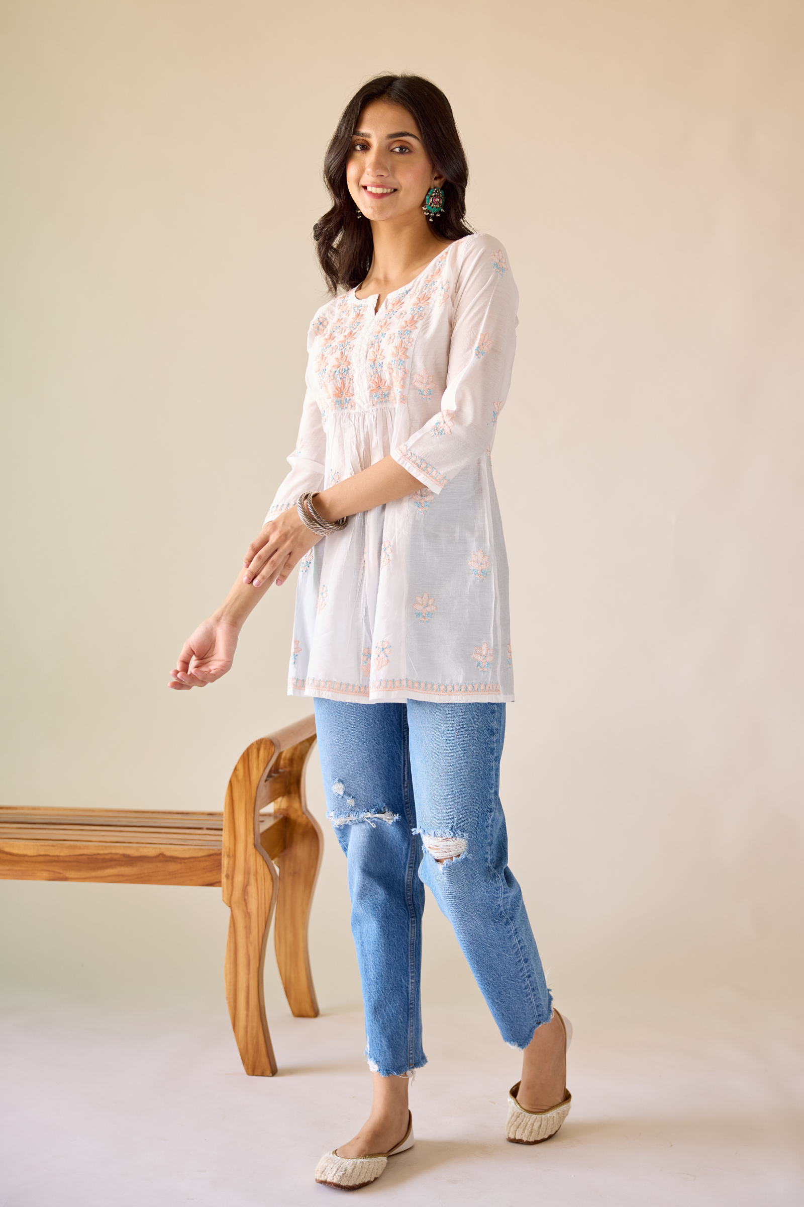Deepa White Chanderi Hand Embroidered Short Chikankari Kurti