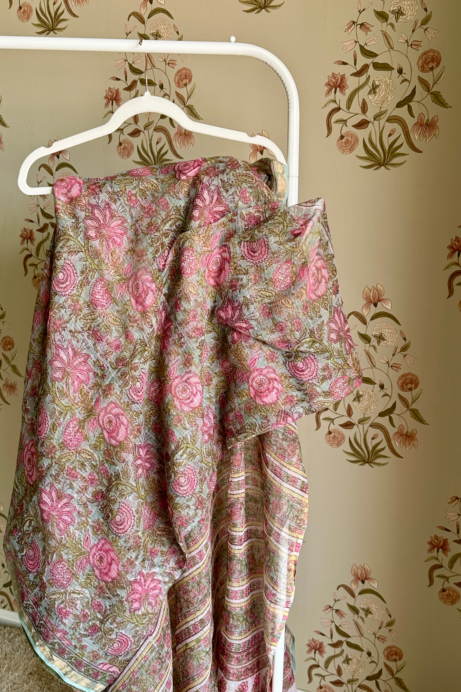 Niamh Green & Pink Printed Kota Doria Saree