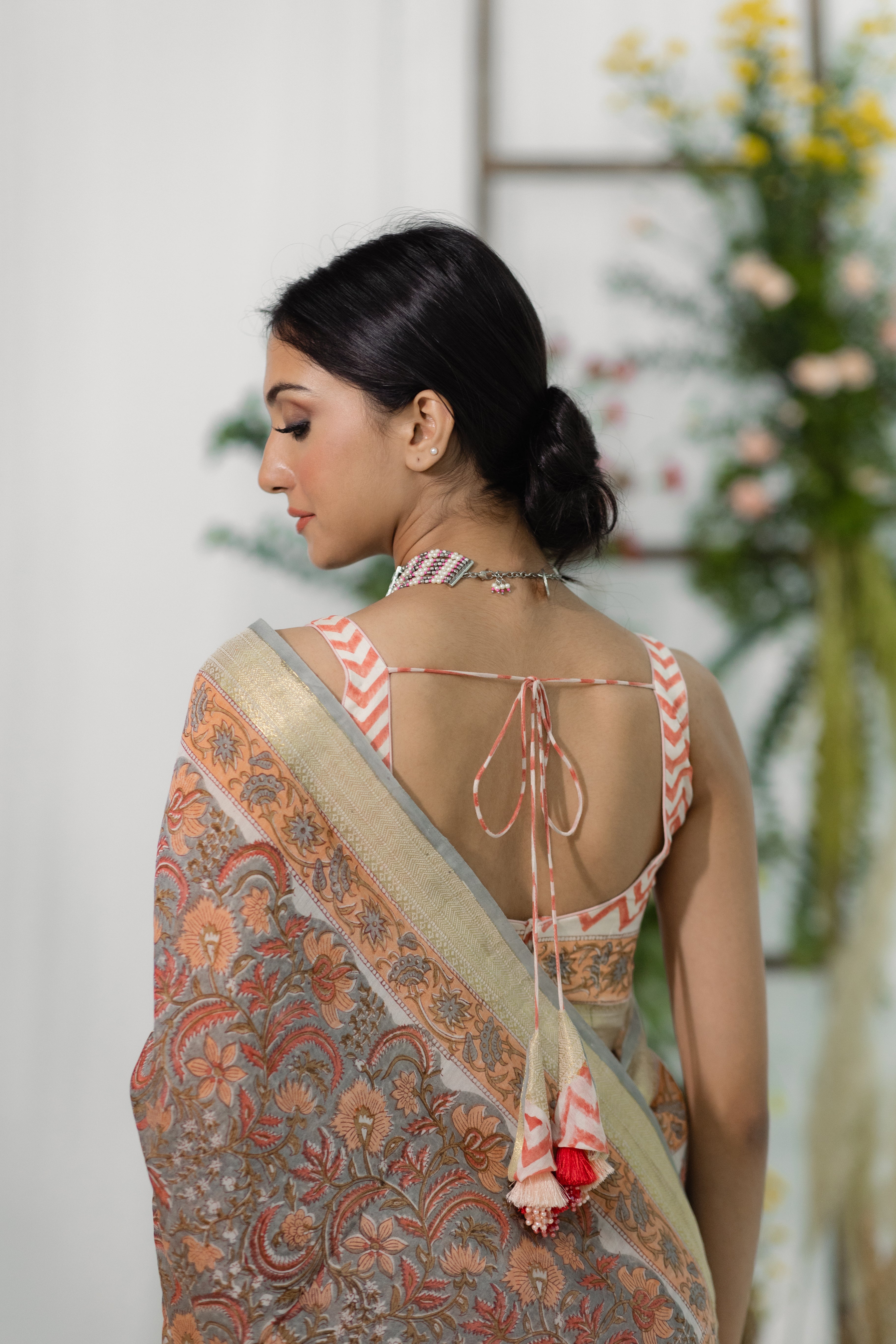 Gulaab Peach & Grey Printed Chanderi Silk Saree