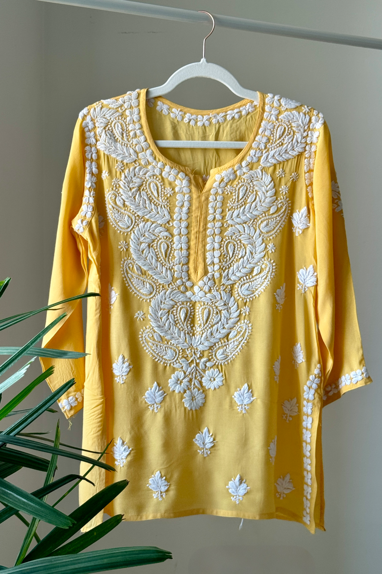 Wahida Yellow Modal Hand Embroidered Short Chikankari Kurti