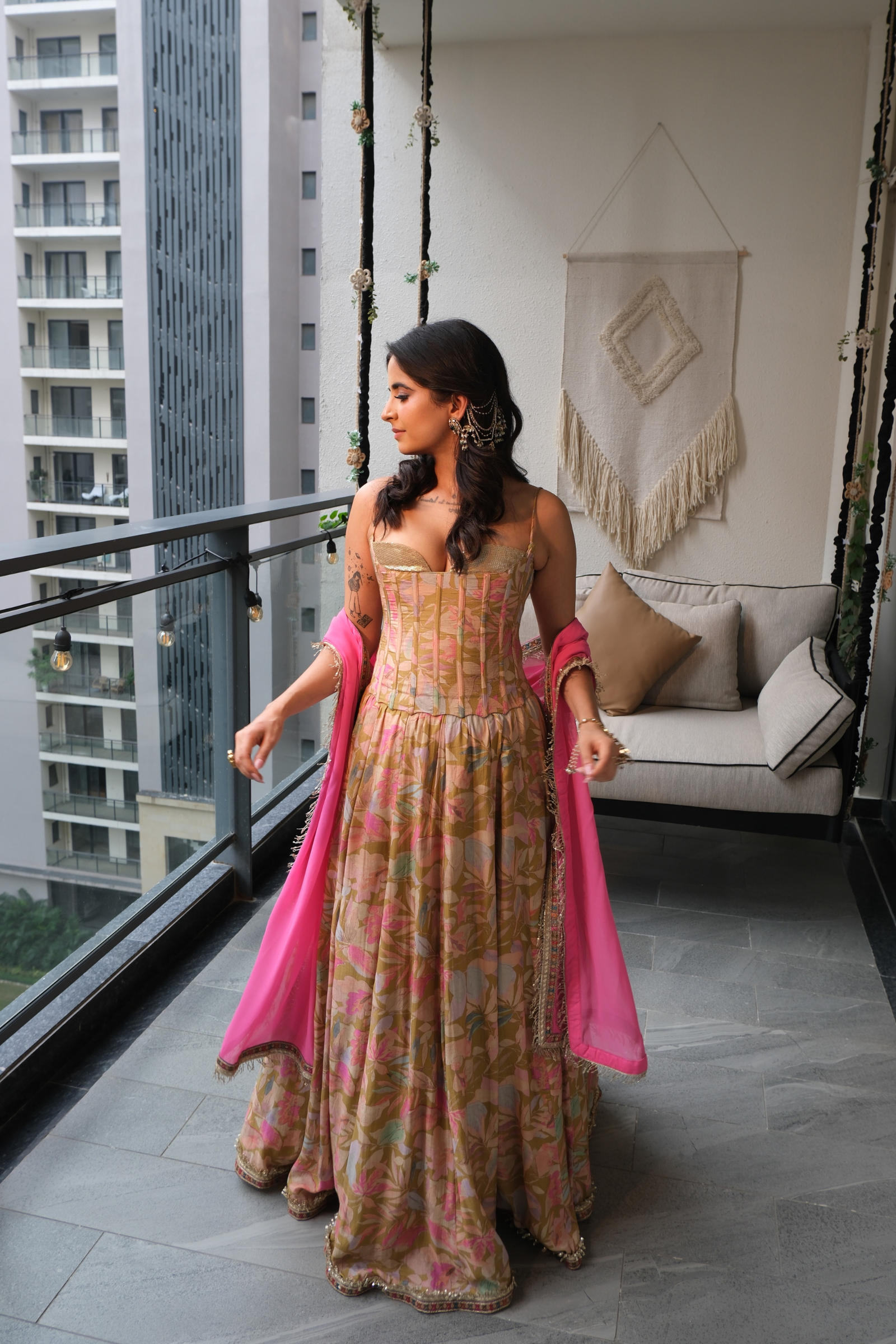 Zara Olive Green Sequinned Corset Muslin Lehenga Set