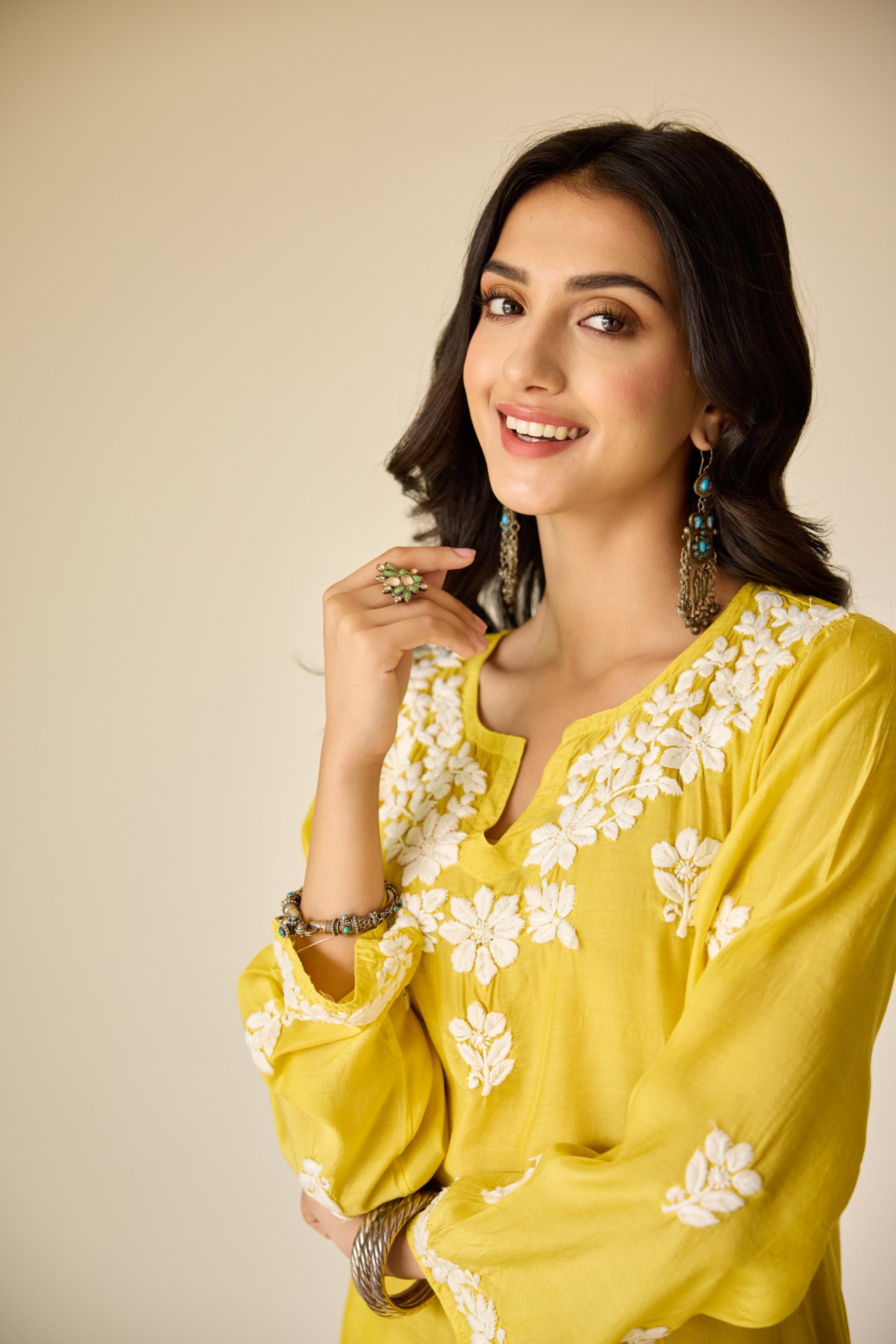 Sofiya Yellow Muslin Hand Embroidered Chikankari Kurta
