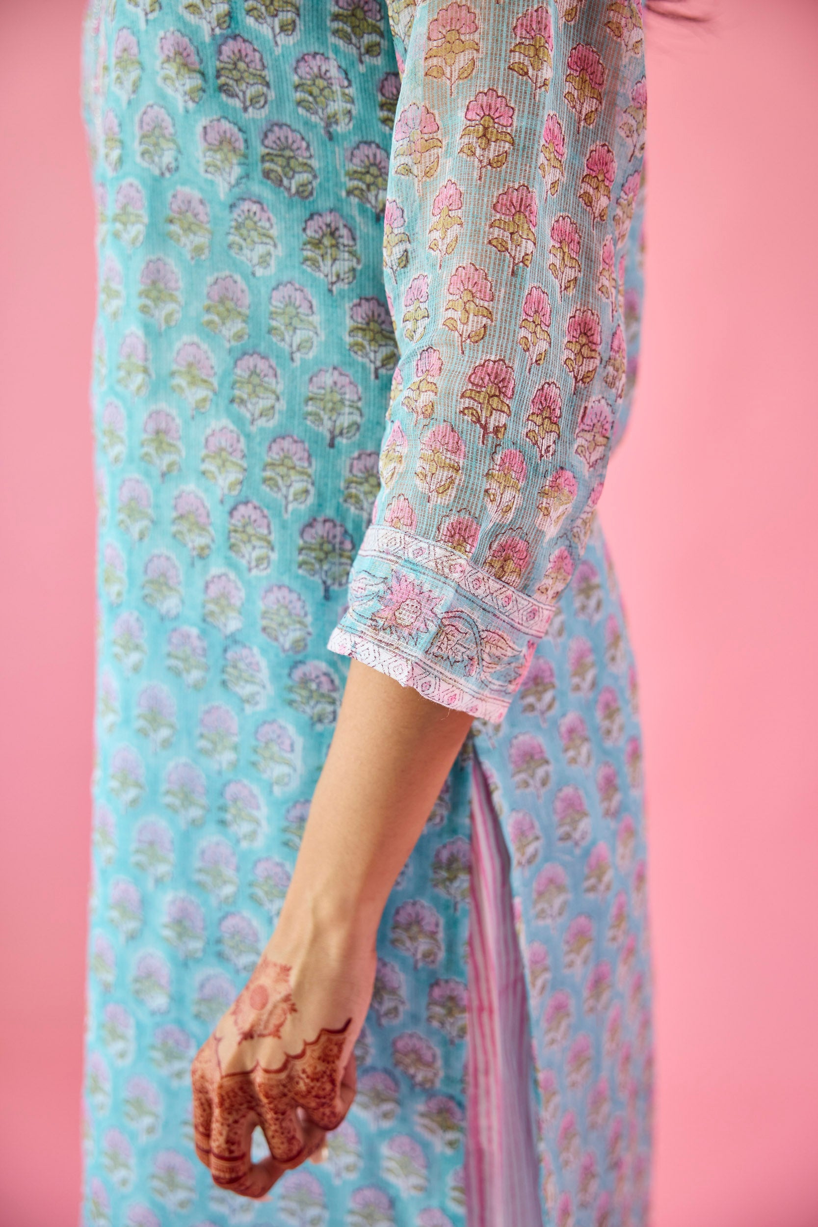 Qudsia Blue & Pink Kota Hand Embellished Kurta Set