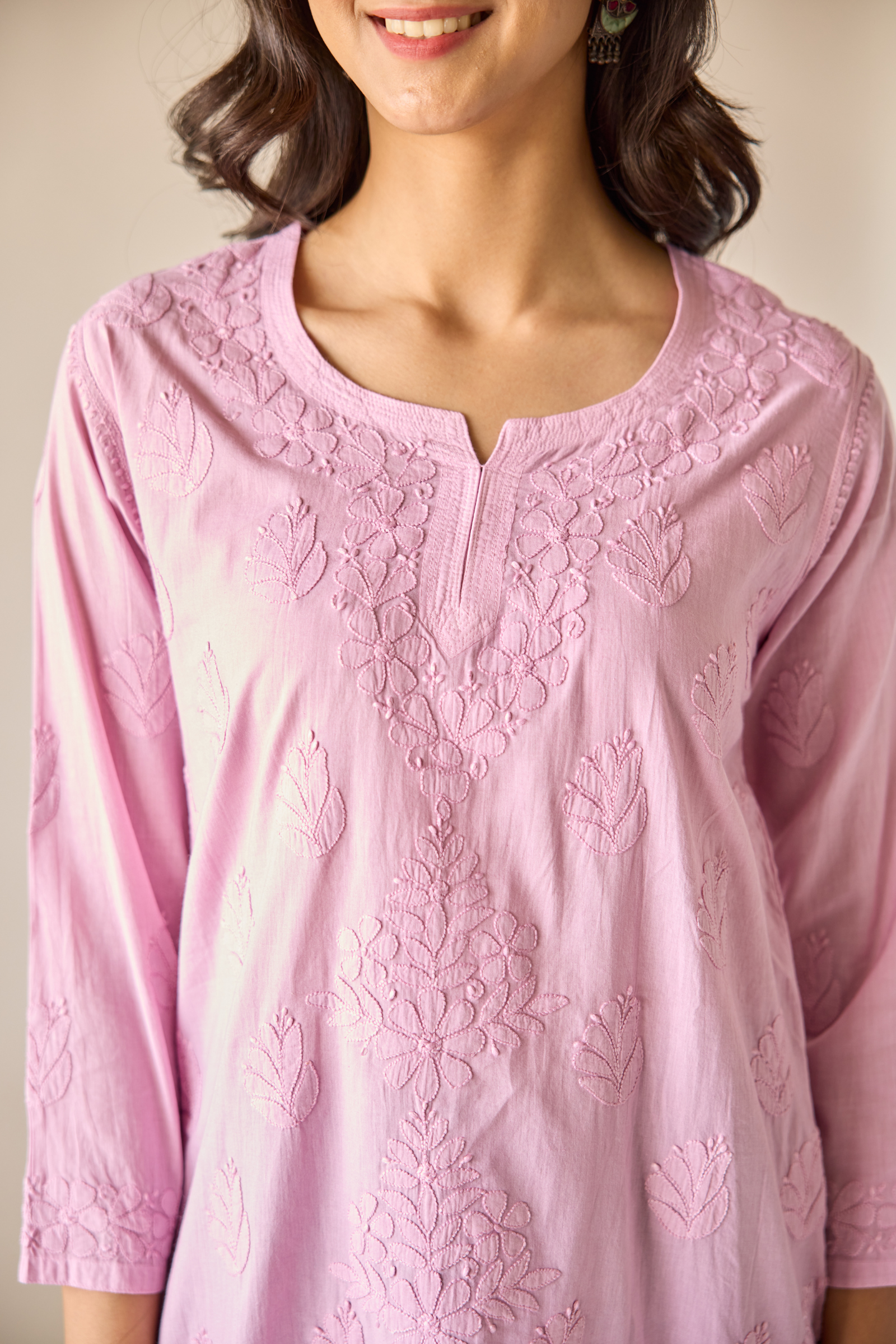 Sonam Lilac Cotton Hand Embroidered Short Chikankari Kurti