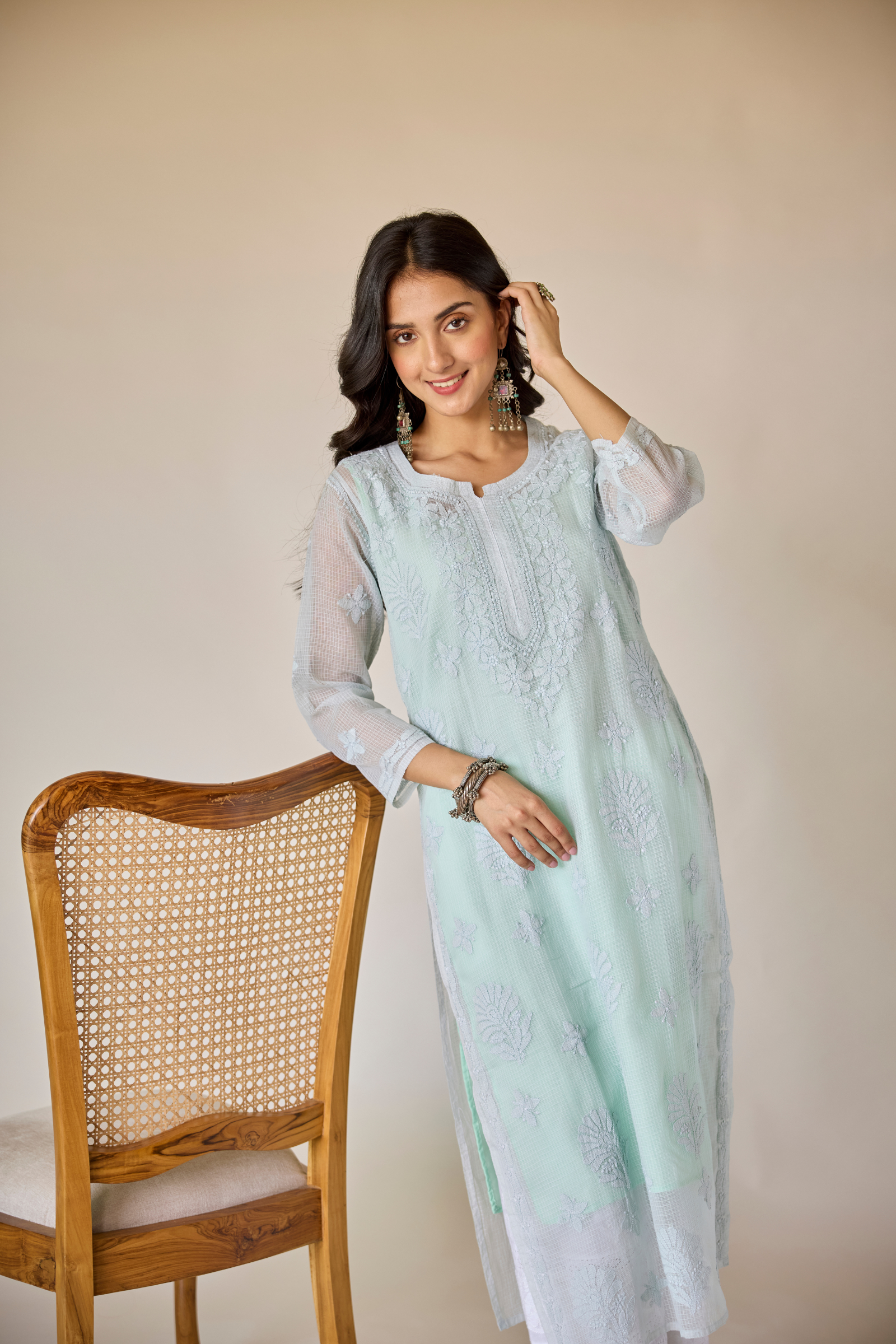 Dehra Blue Kota Hand Embroidered Chikankari Kurta with Slip