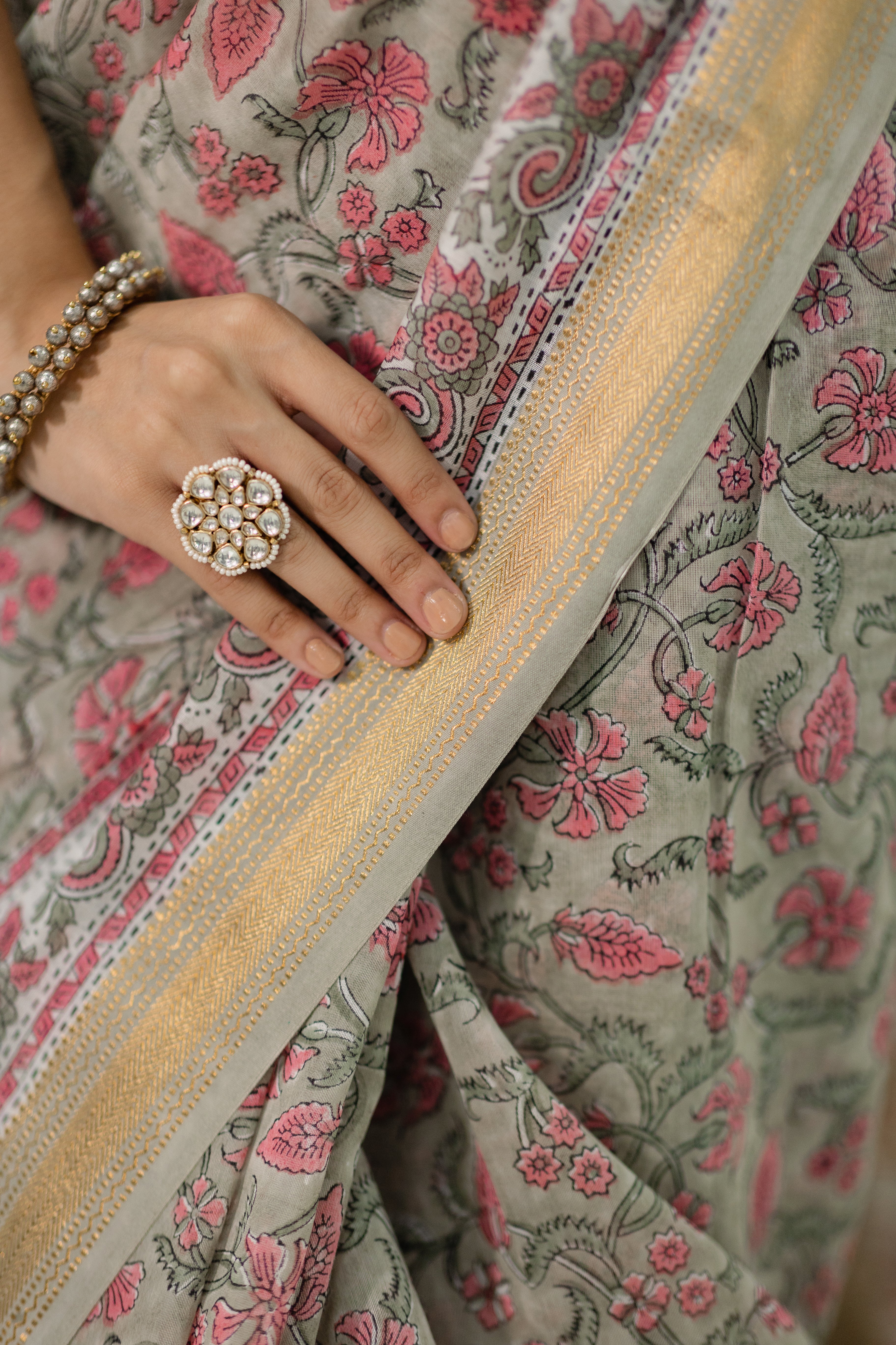 Champa Olive Green Printed Chanderi Silk Saree