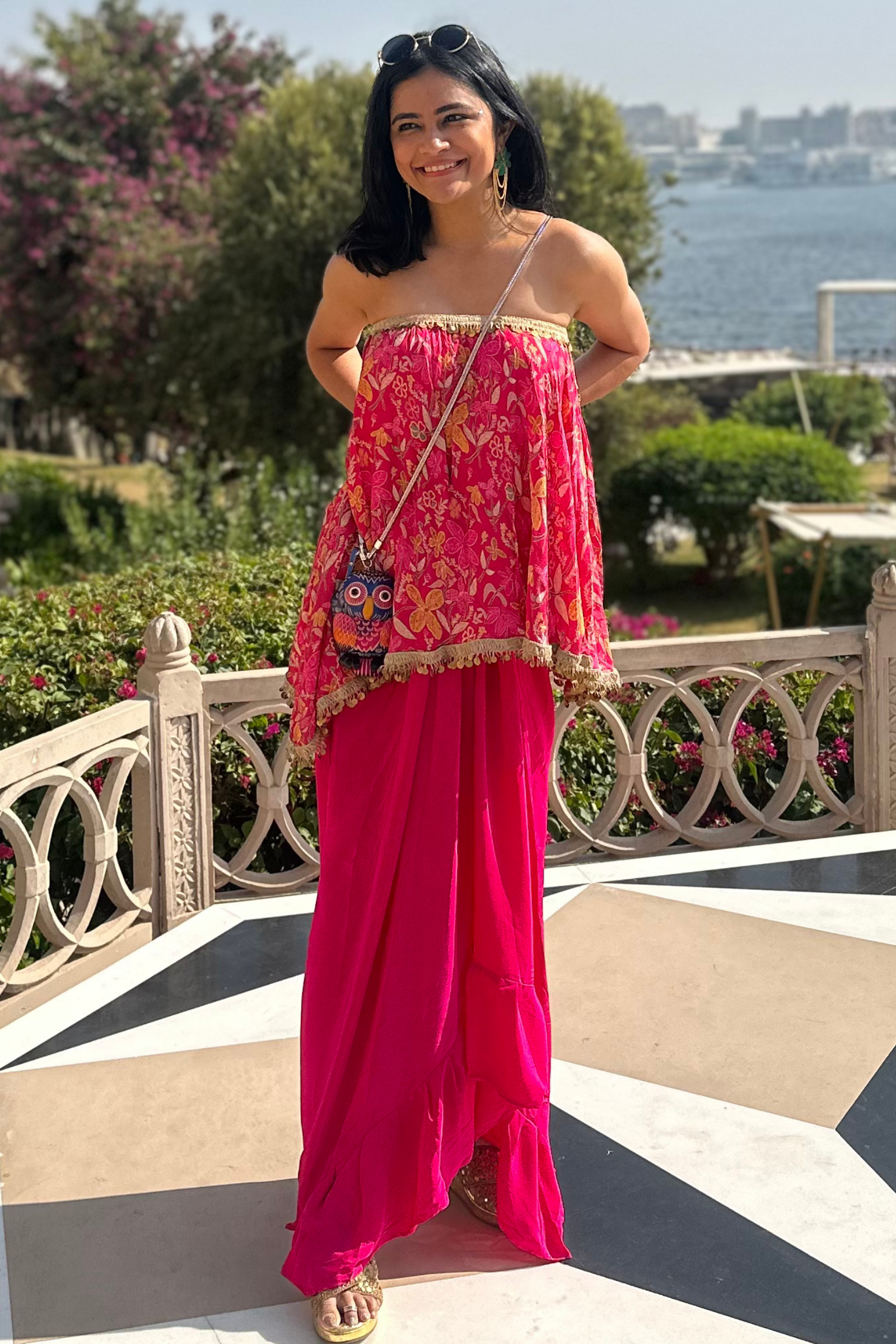 Aleesa Off-Shoulder Hot Pink Muslin Top & Crepe Skirt Set