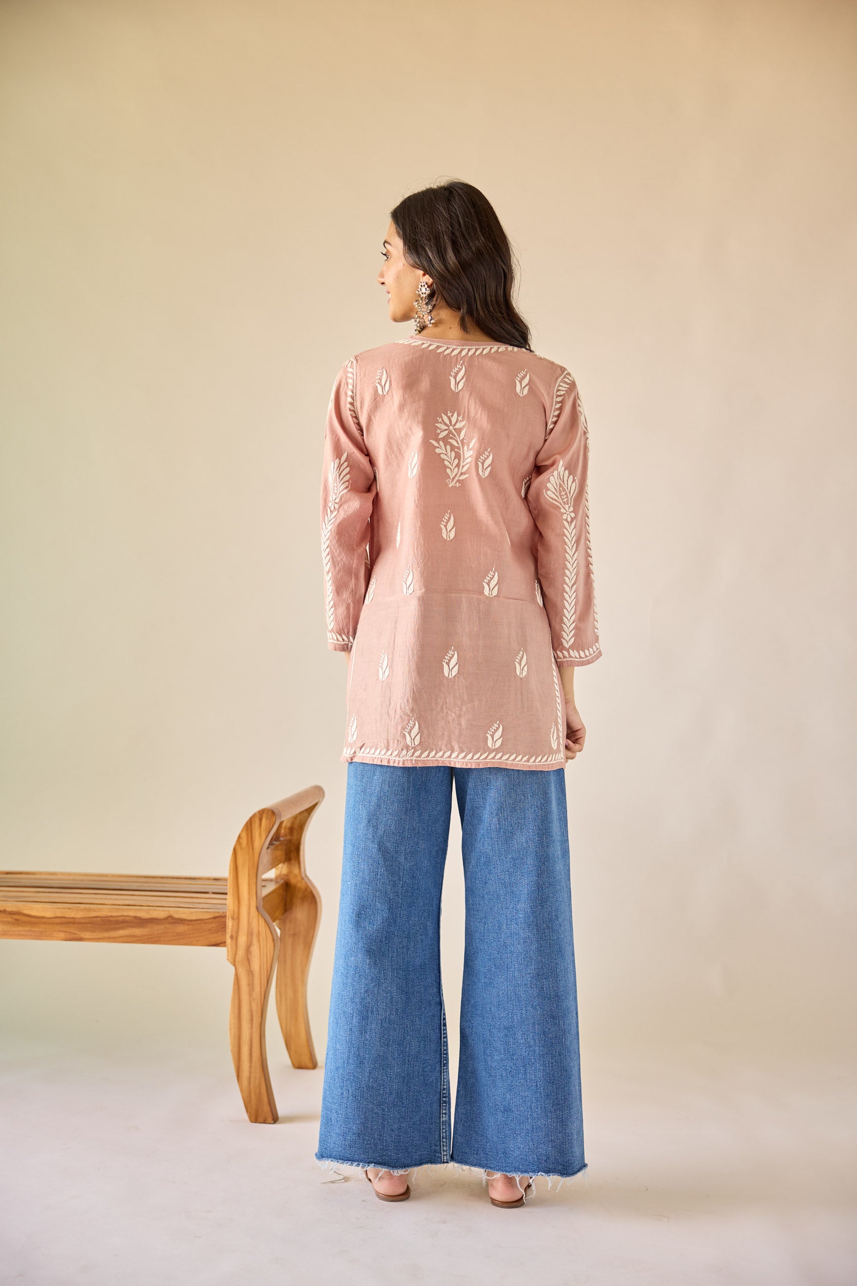 Mallika Brown Chanderi Hand Embroidered Short Chikankari Kurti