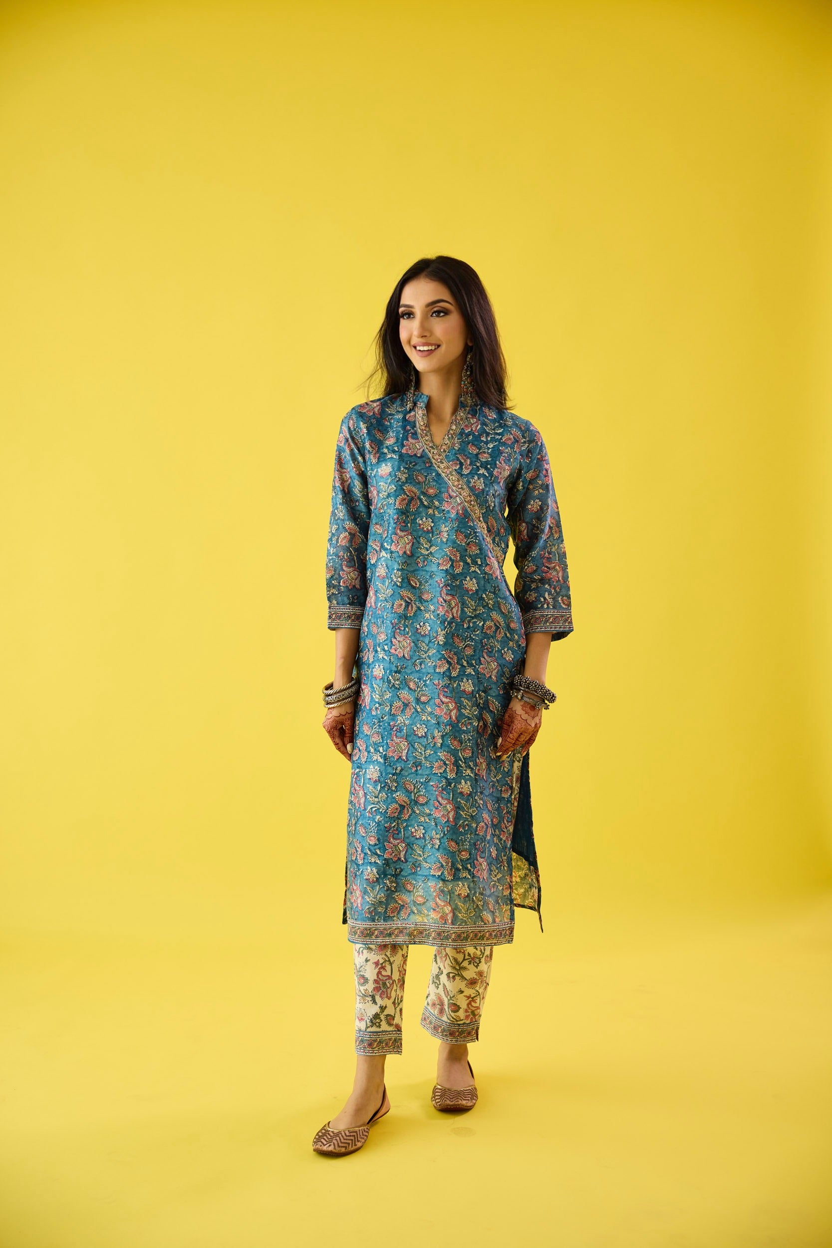 Roohani Blue & White Chanderi Hand Embroidered Kurta Set