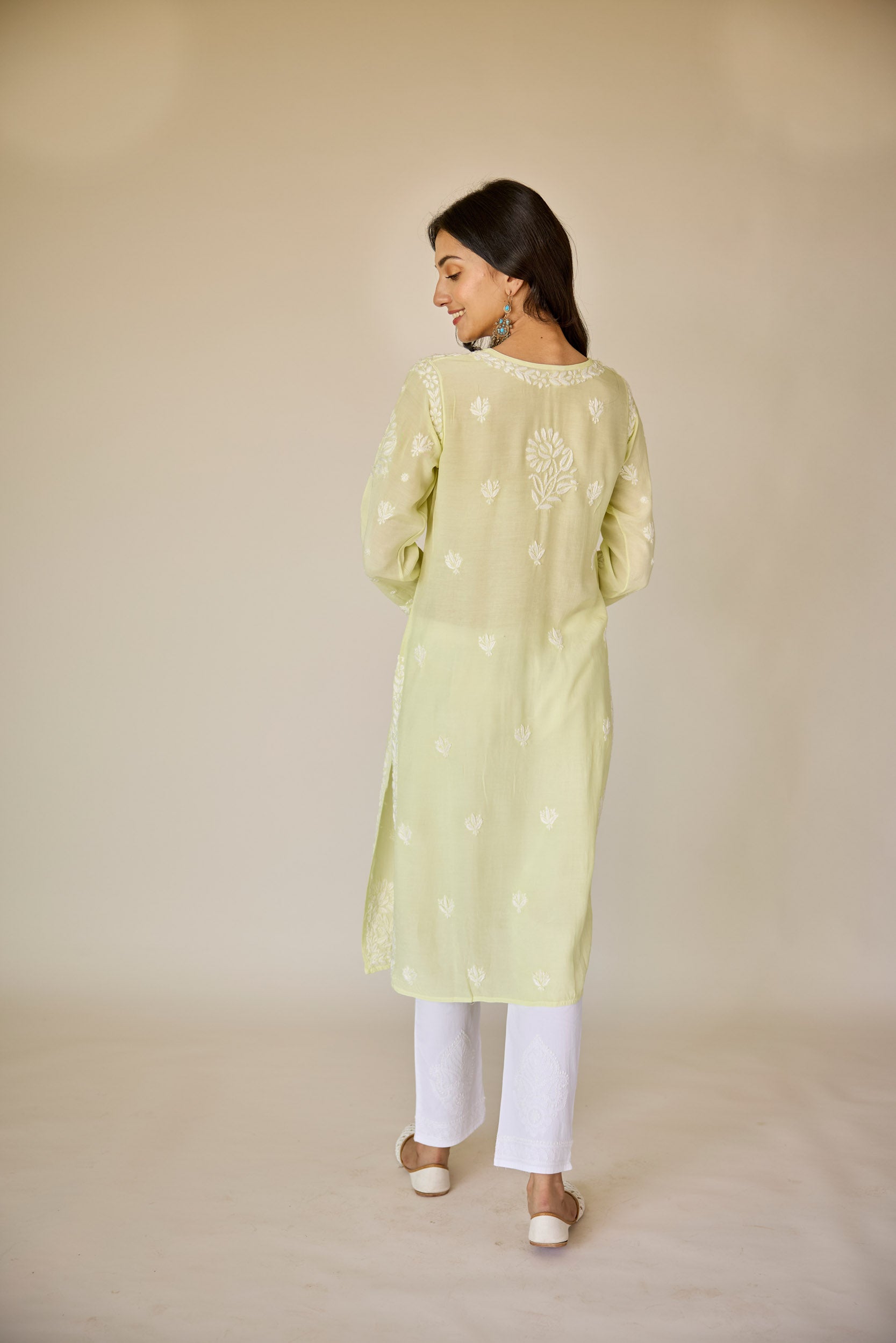 Raha Lime Green Muslin Hand Embroidered Chikankari Kurta