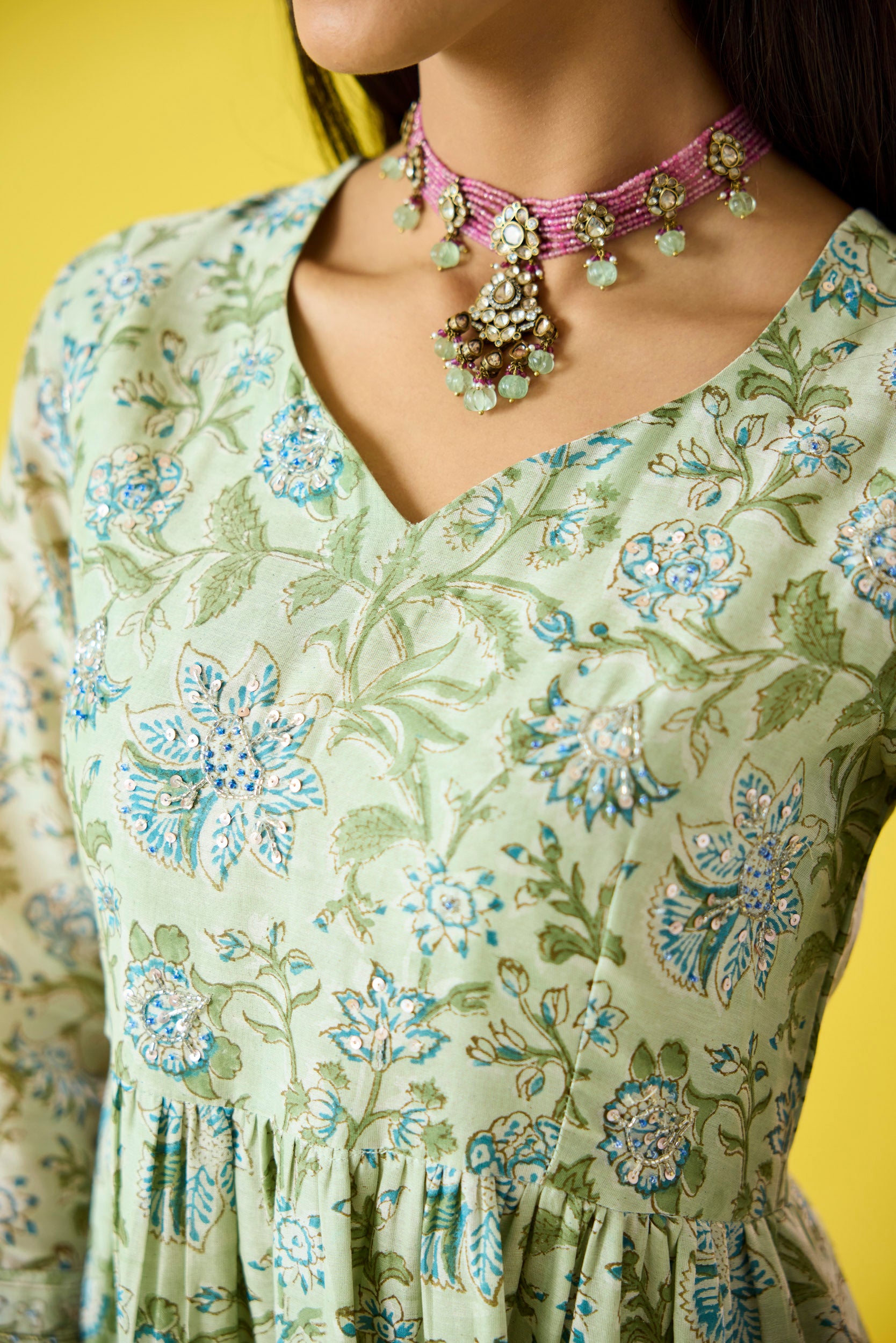 Surmayee Mint Green Chanderi Hand Embellished Kurta Set