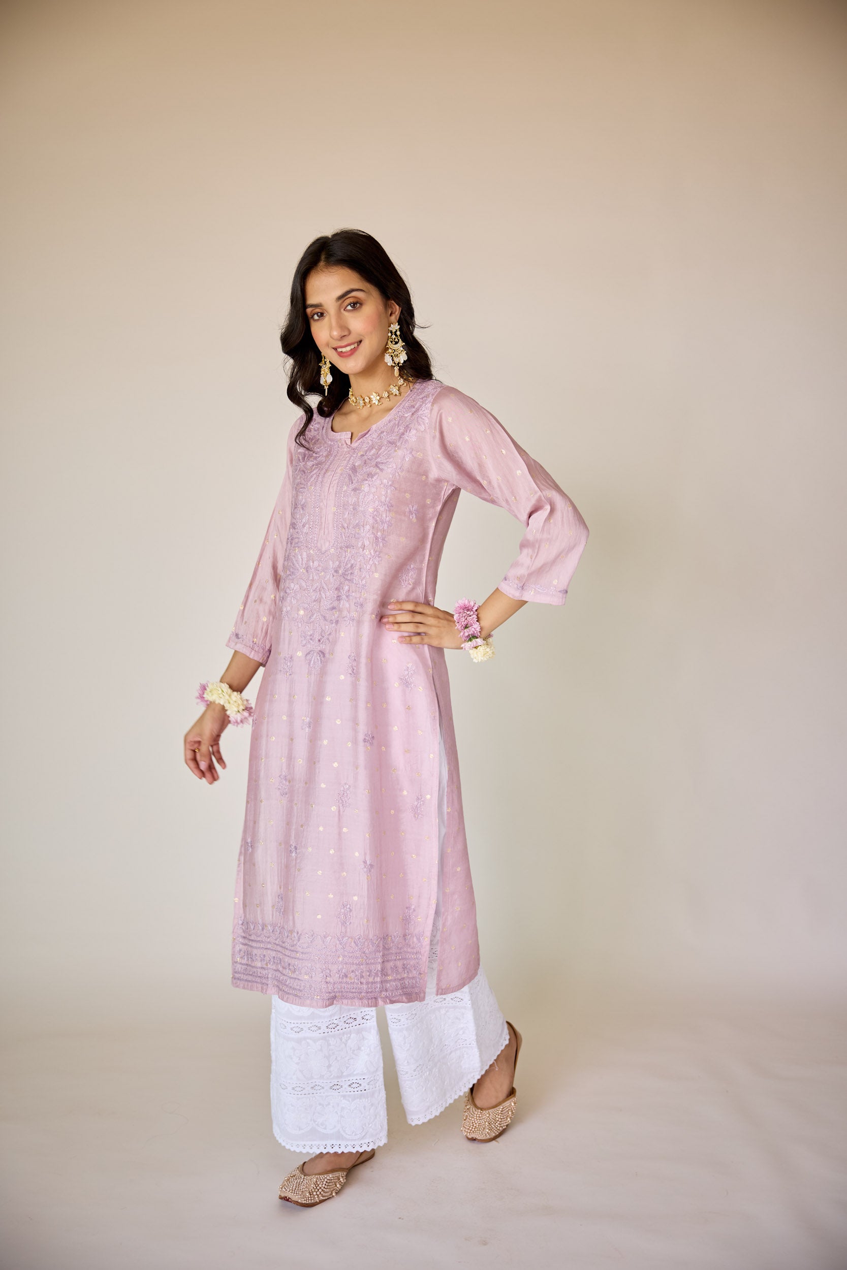Jasmine Lilac Chanderi Hand Embroidered Chikankari Kurta