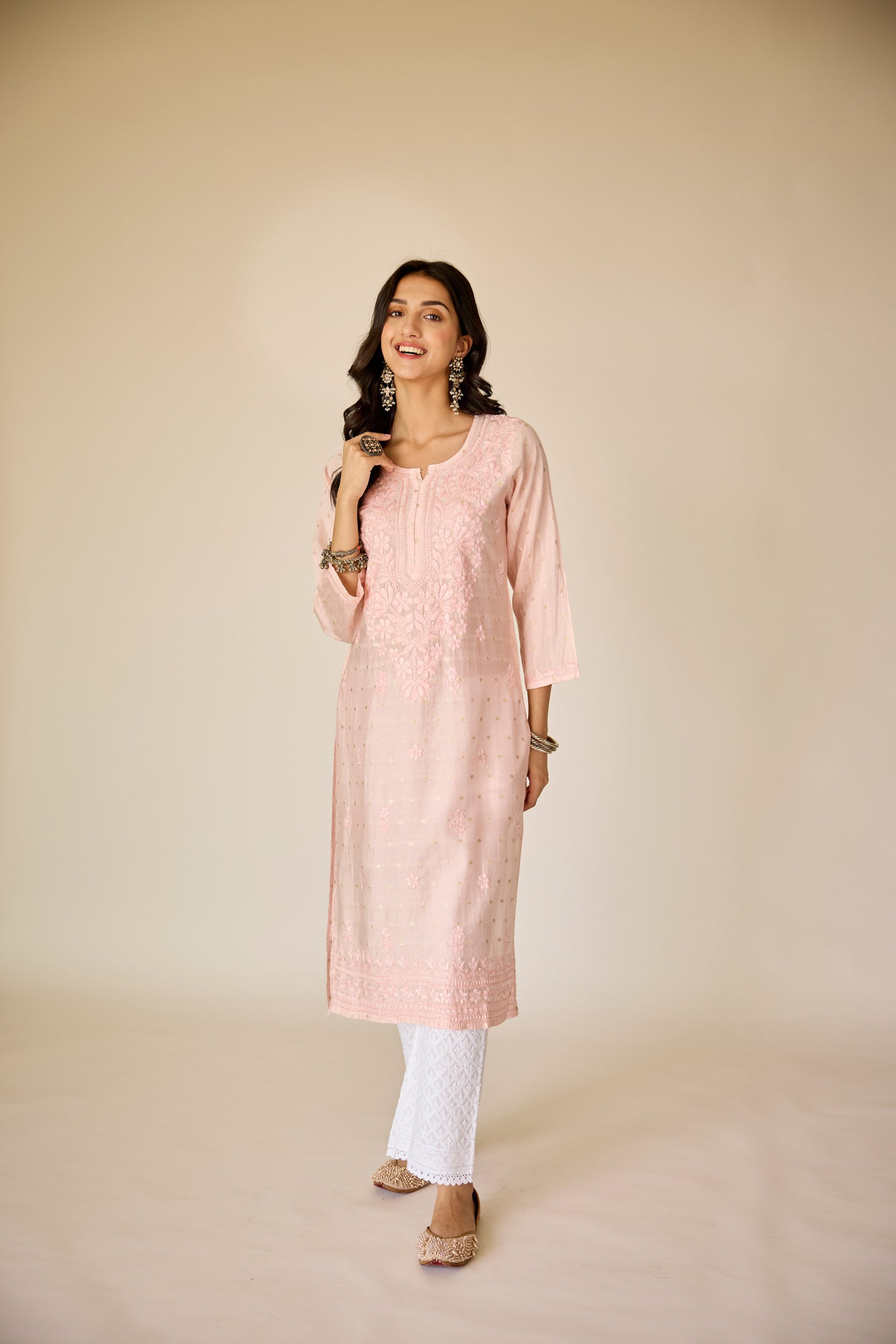 Zubaida Blush Pink Chanderi Hand Embroidered Chikankari Kurta