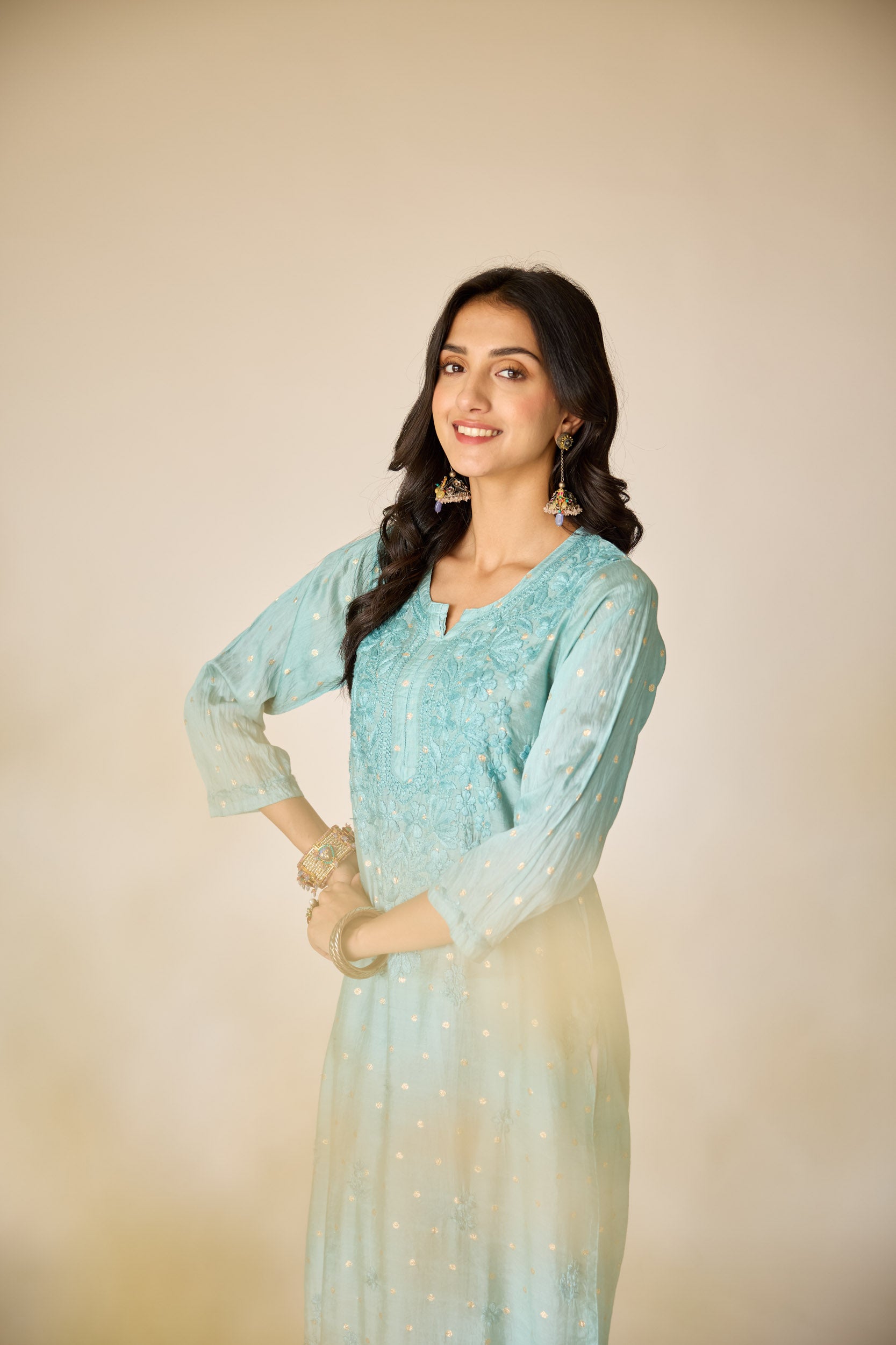 Wafa Blue Chanderi Hand Embroidered Chikankari Kurta