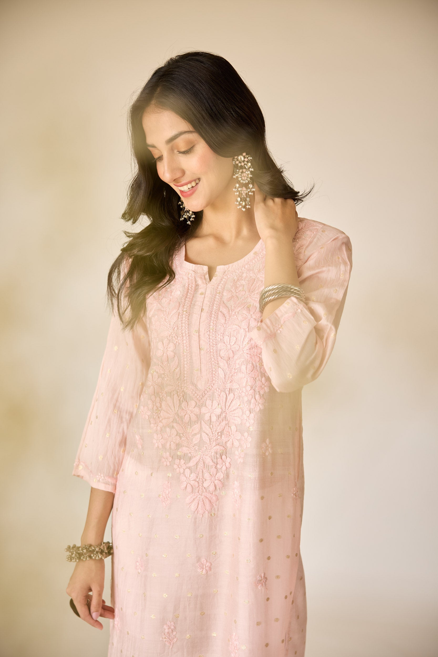 Zubaida Blush Pink Chanderi Hand Embroidered Chikankari Kurta
