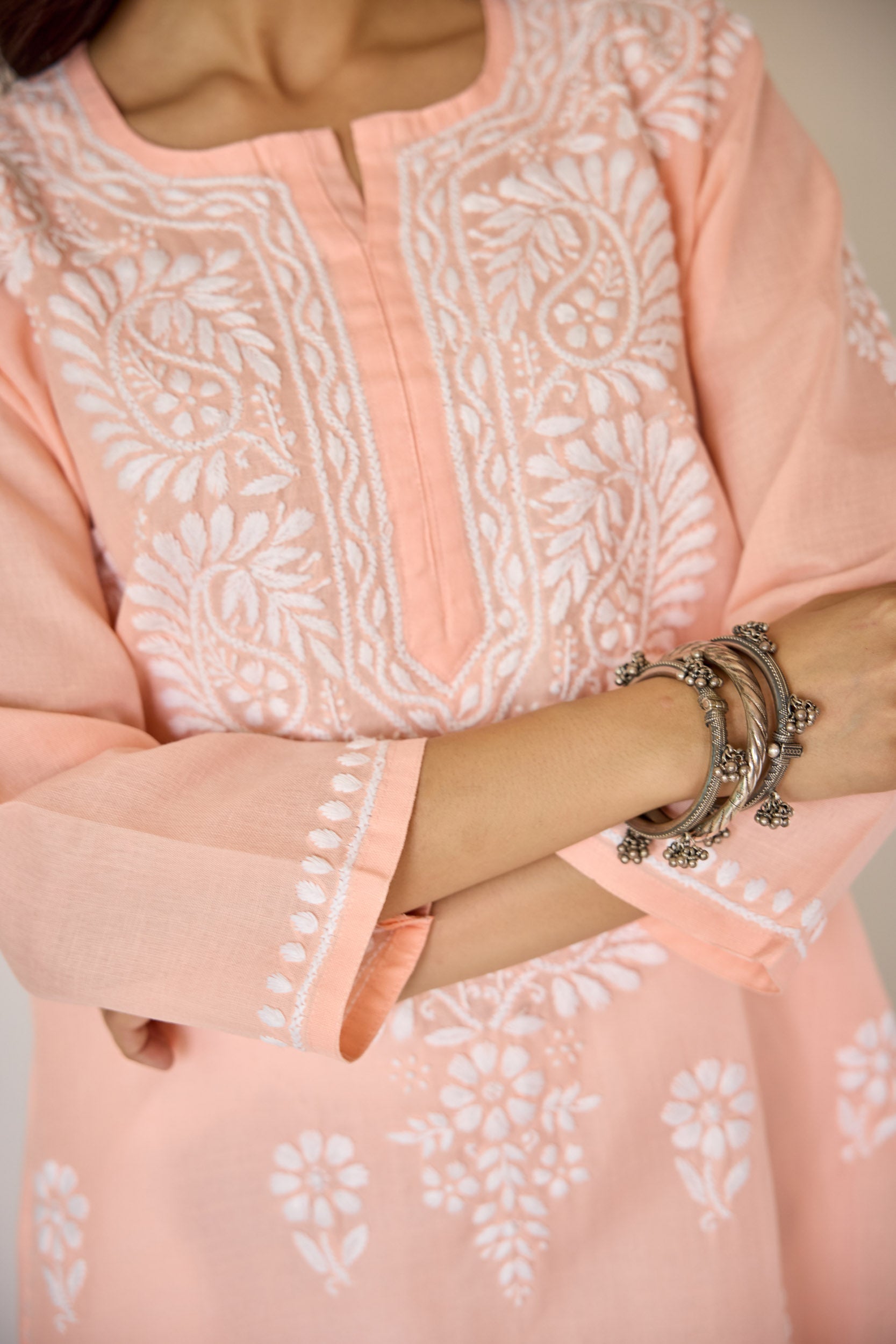 Haifa Peach Hand Embroidered Chikankari Kurta