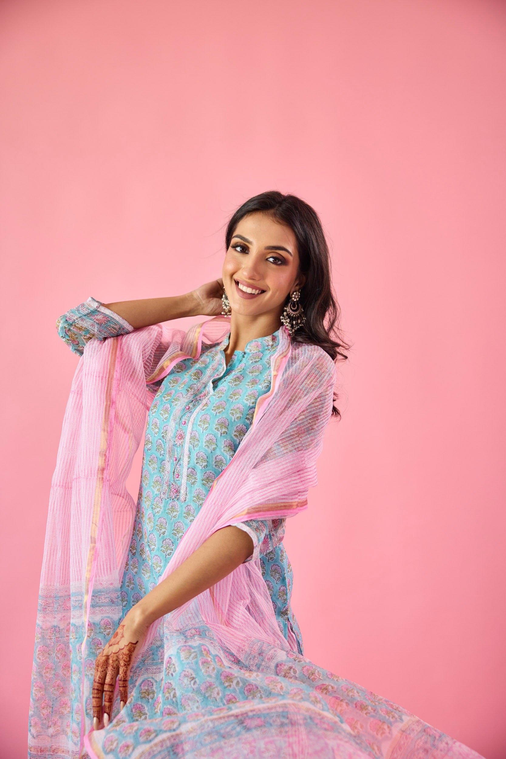 Qudsia Blue & Pink Kota Hand Embellished Kurta Set