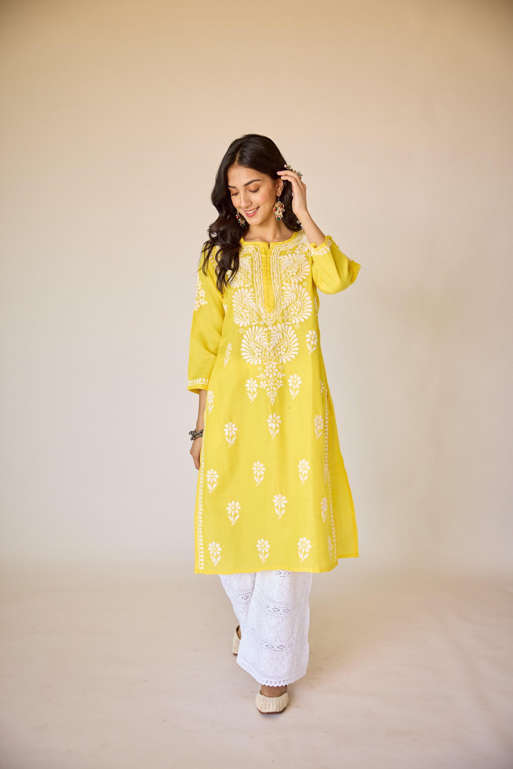 Ifrah Yellow Hand Embroidered Chikankari Kurta