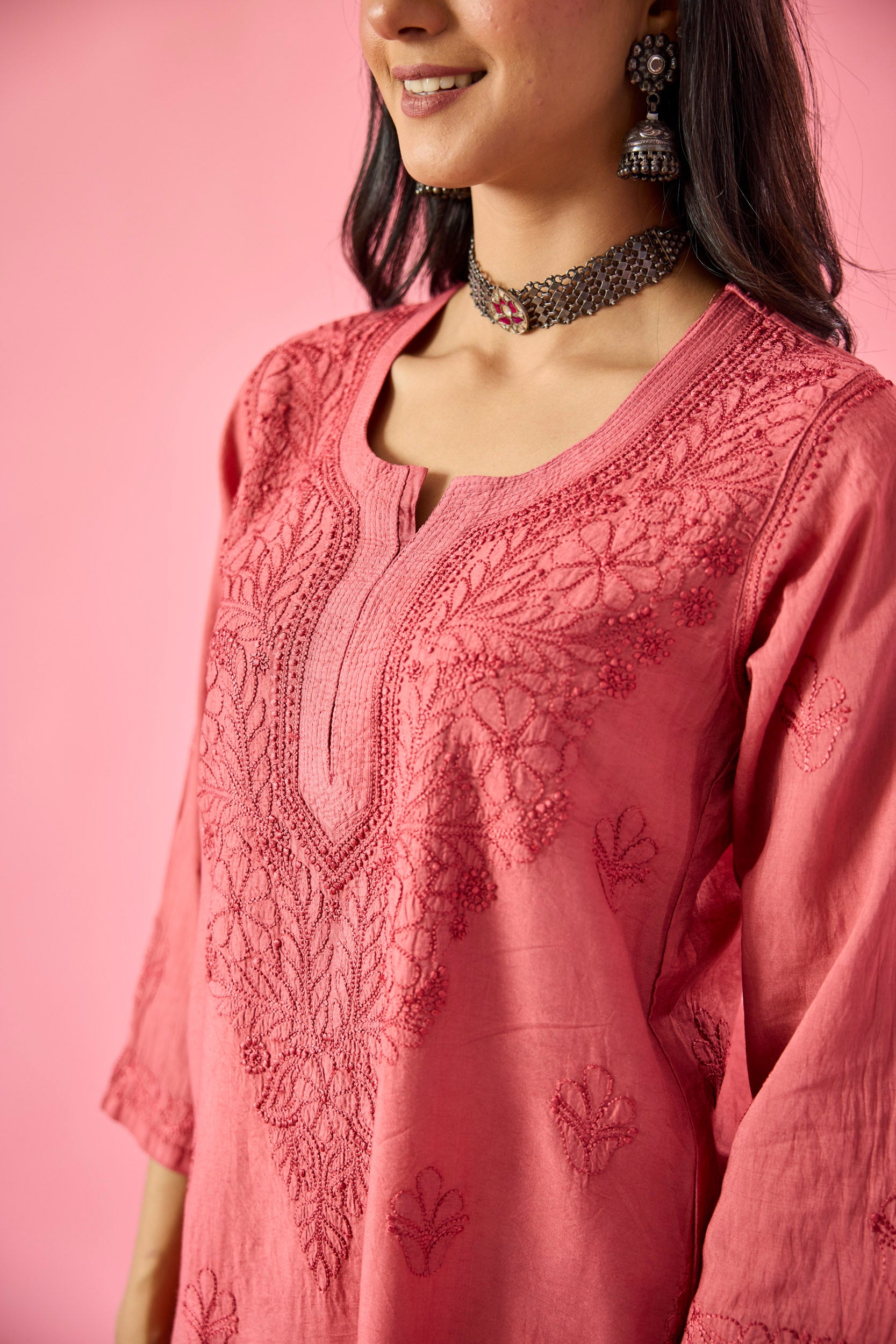 Macaba Rust Chanderi Hand Embroidered Chikankari Kurta & Pant Set