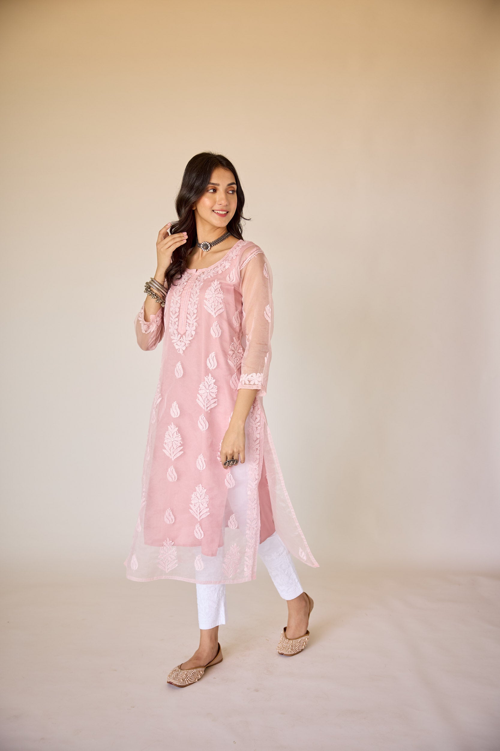 Nimrah Pink Organza Hand Embroidered Chikankari Kurta with Slip