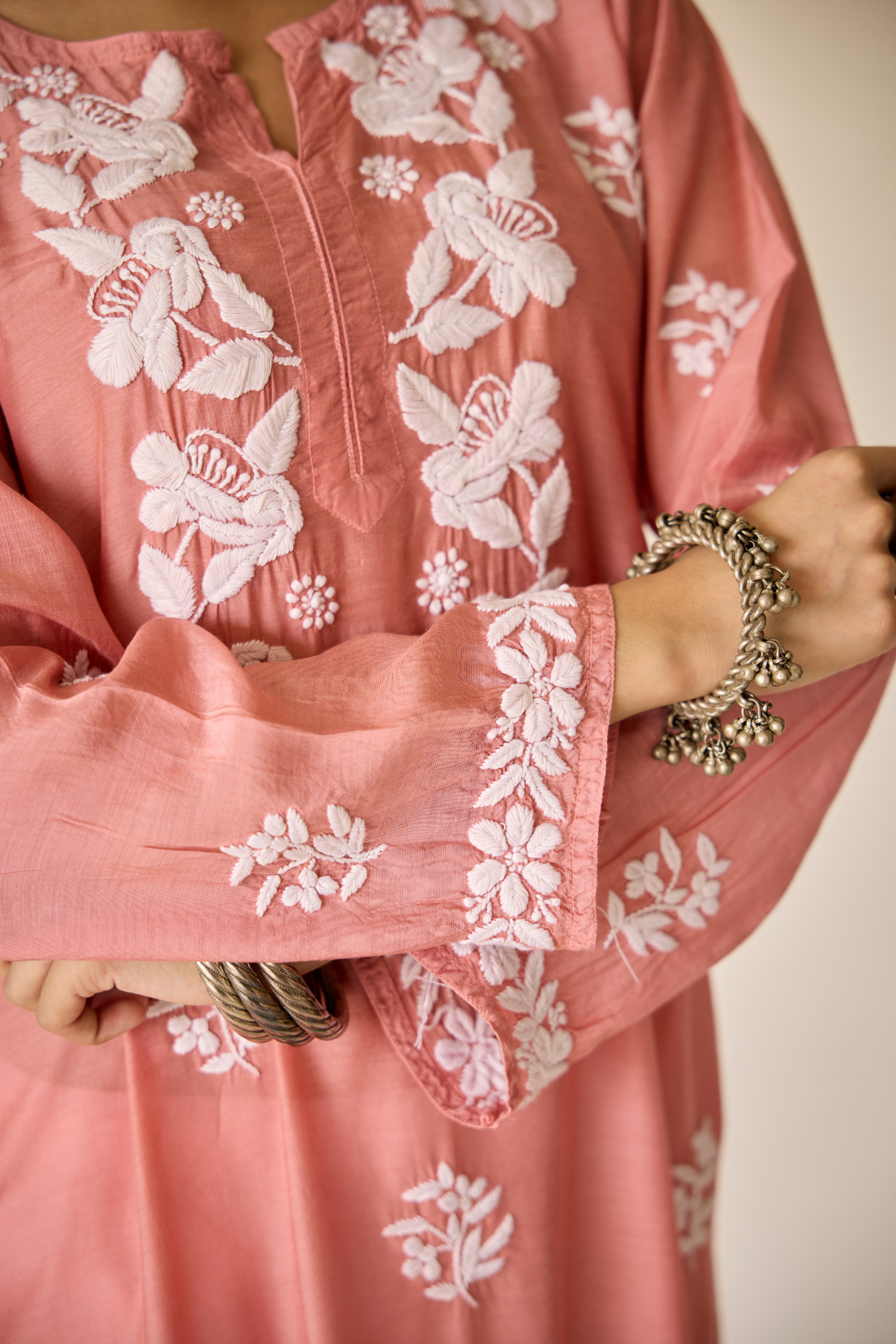 Sumaiya Rust Pink Muslin Hand Embroidered Chikankari Kurta