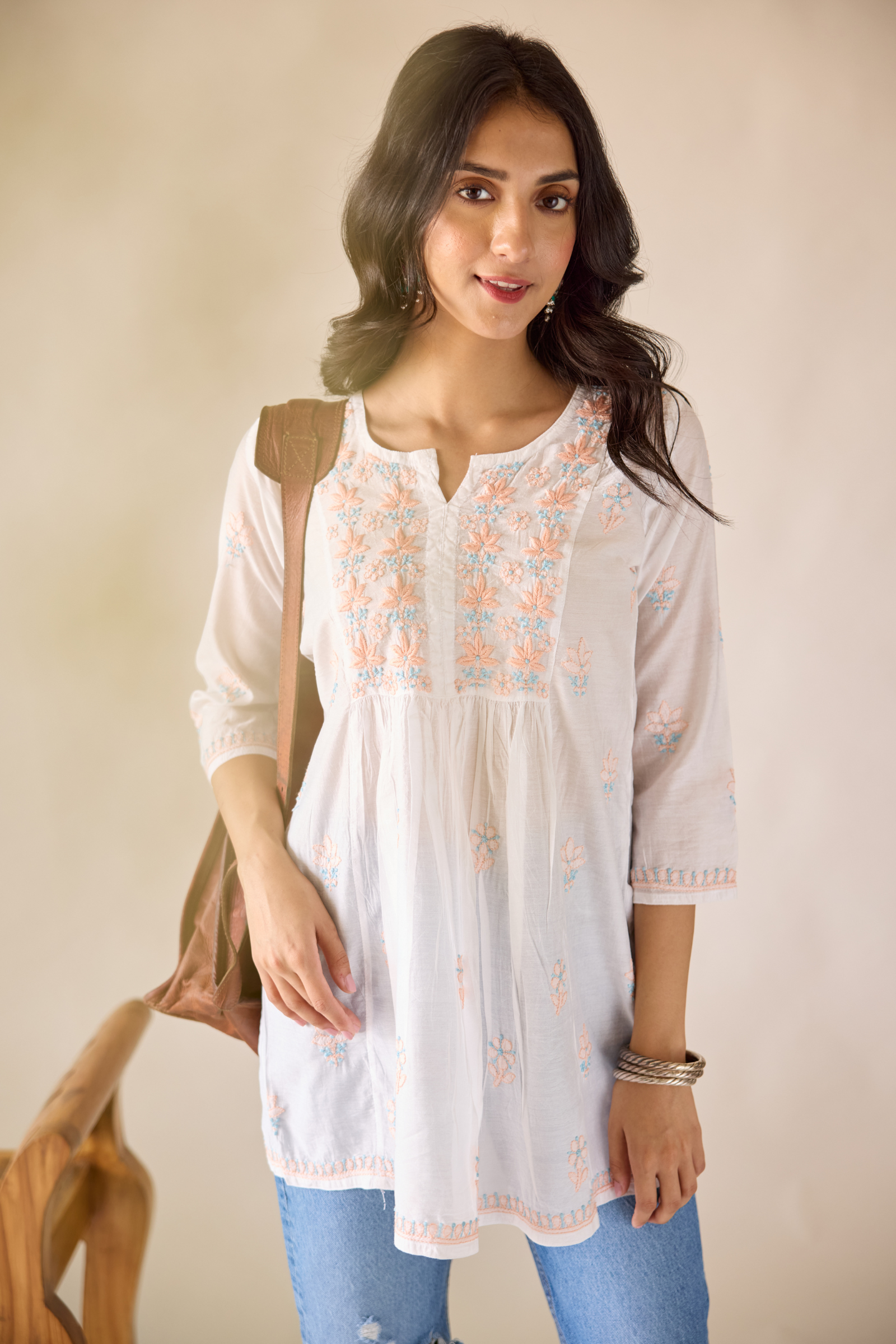 Deepa White Chanderi Hand Embroidered Short Chikankari Kurti
