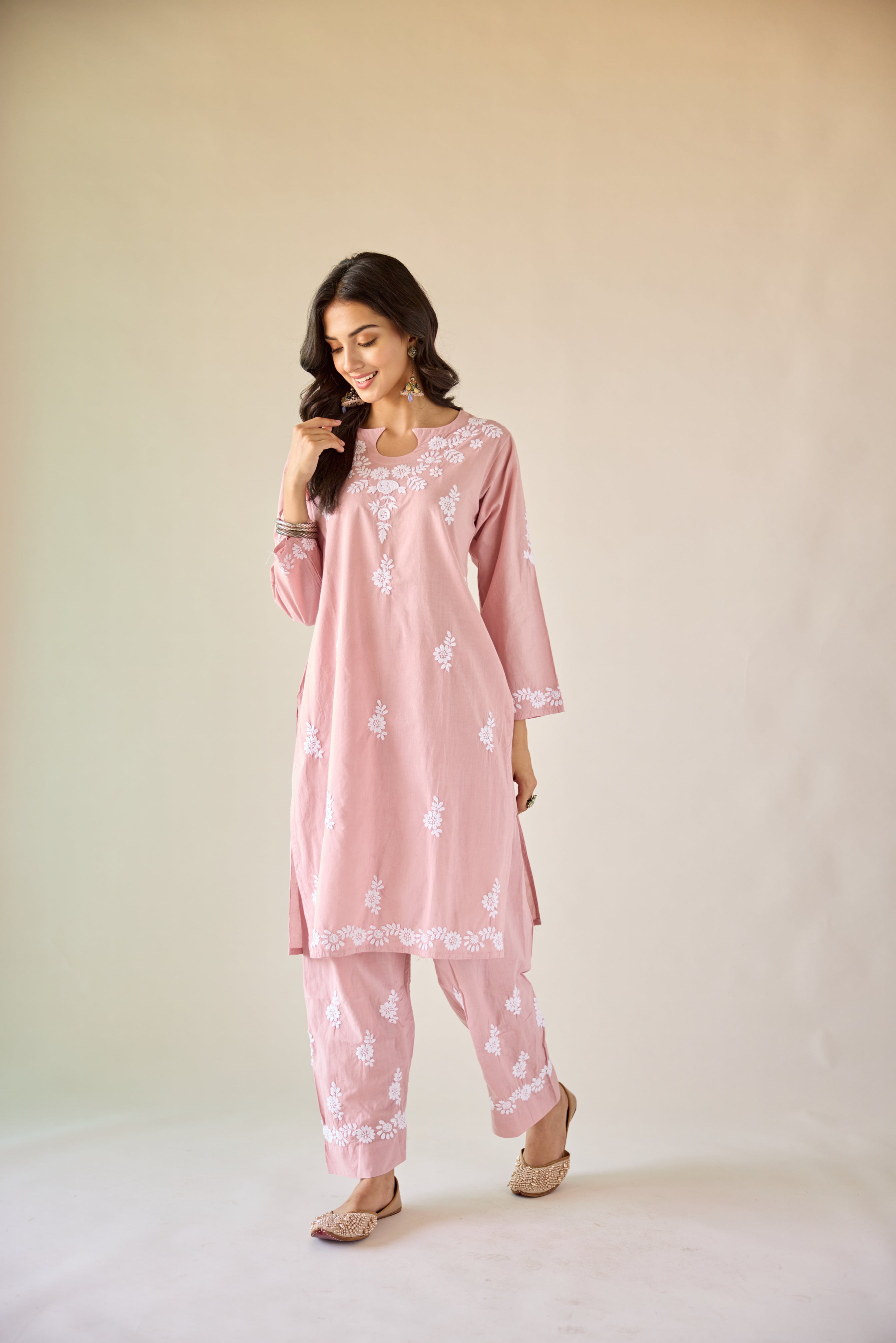 Mira Pink Cotton Hand Embroidered Chikankari Kurta & Pant Set