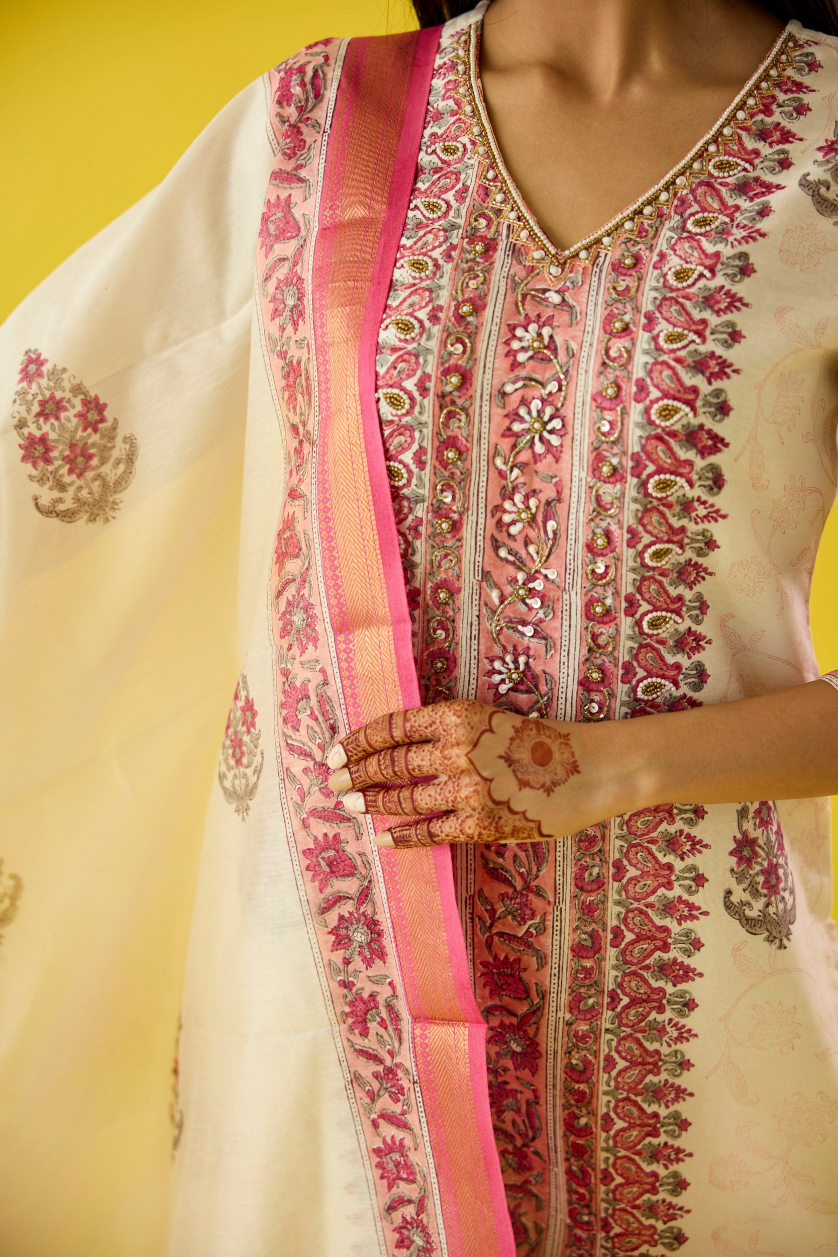 Nazaakat Pink & Off White Chanderi Hand Embellished Kurta Set