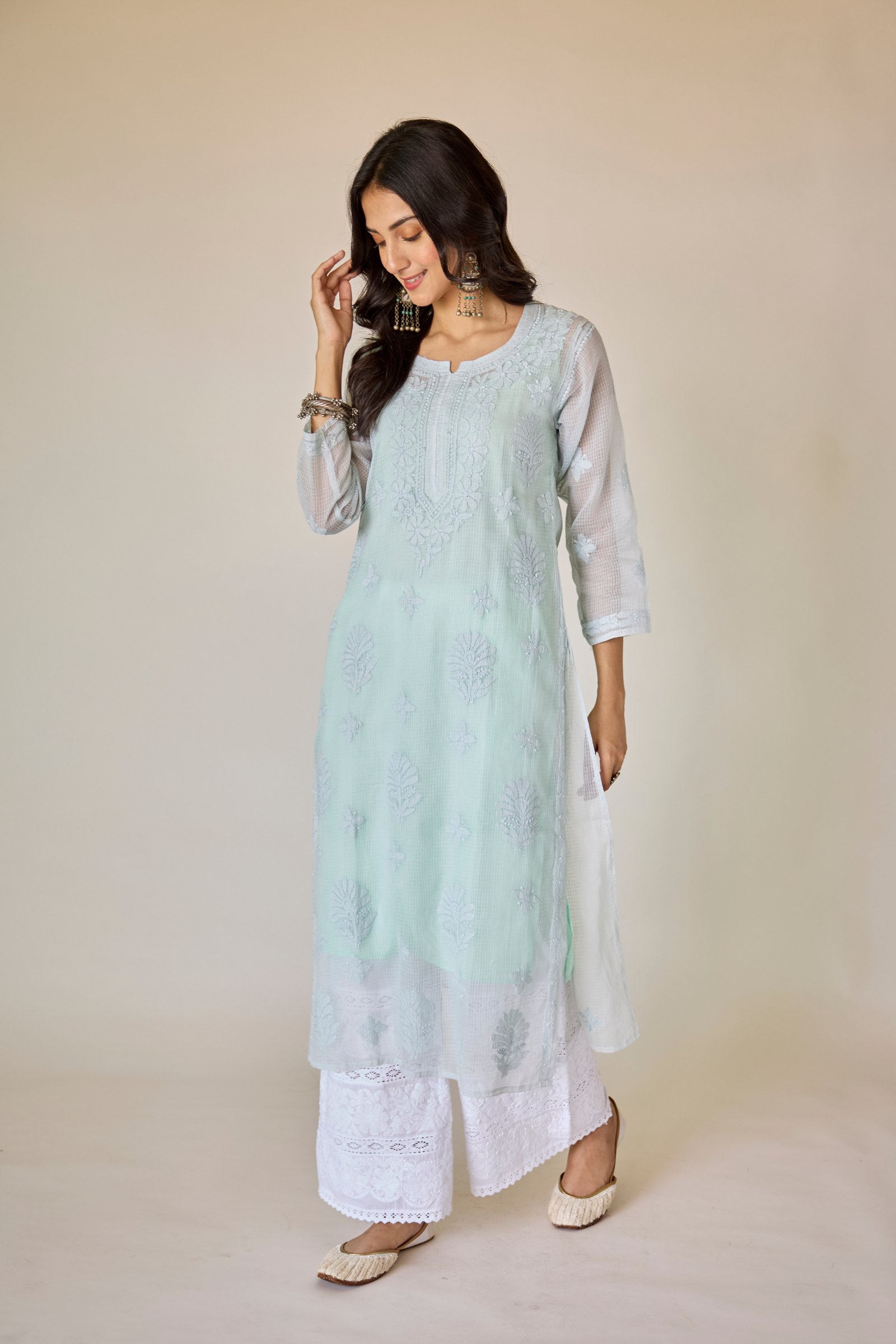Dehra Blue Kota Hand Embroidered Chikankari Kurta with Slip